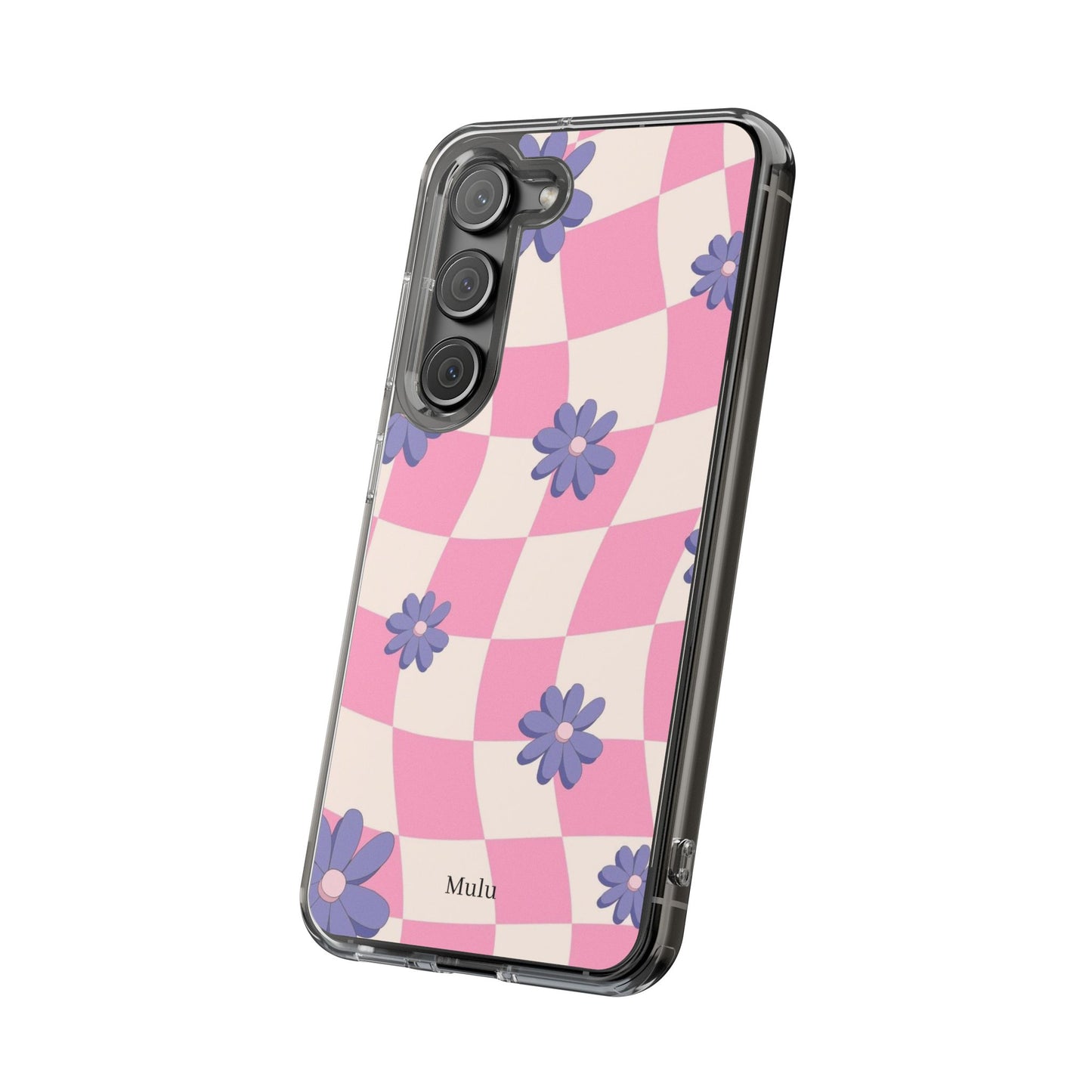 Clear Impact Phone Case — Pink Checkerboard with Purple Flowers