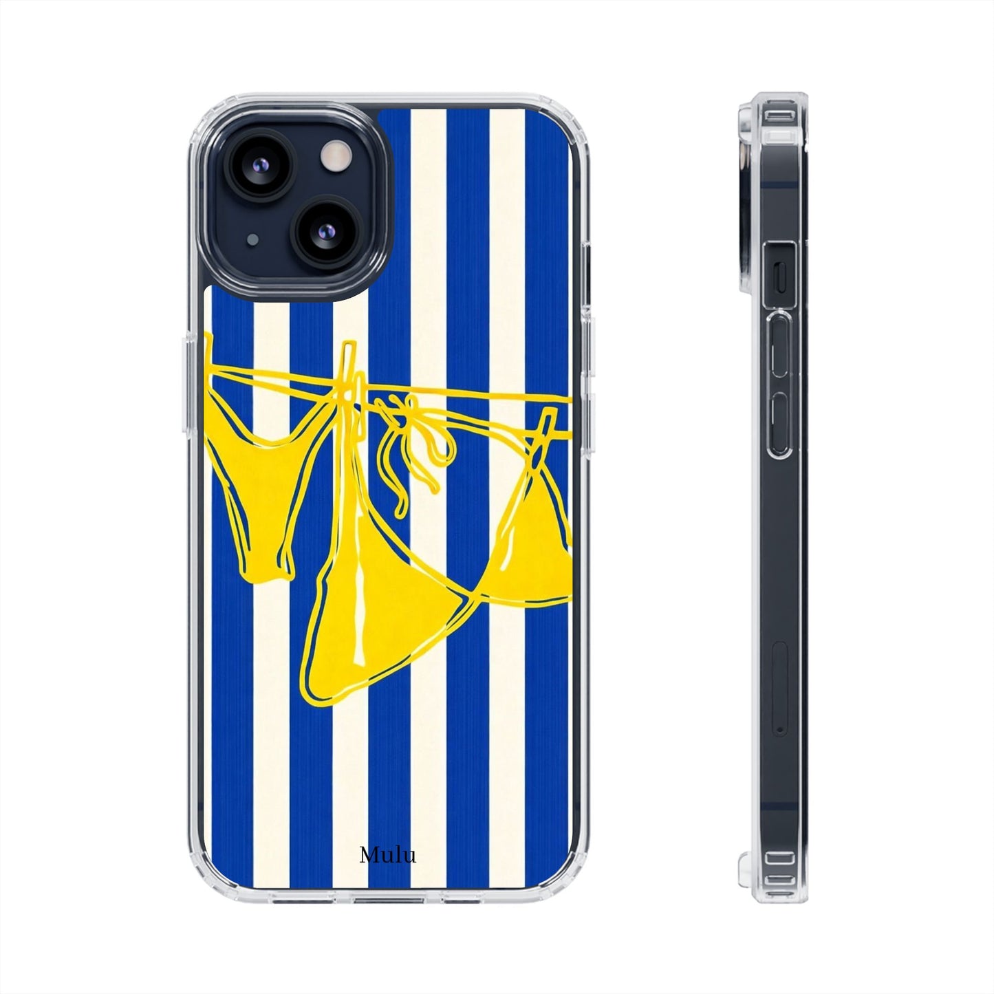 Striped Beach Bikini Phone Case — Yellow Swimwear on Blue & White Stripes, Clear Impact-Resistant