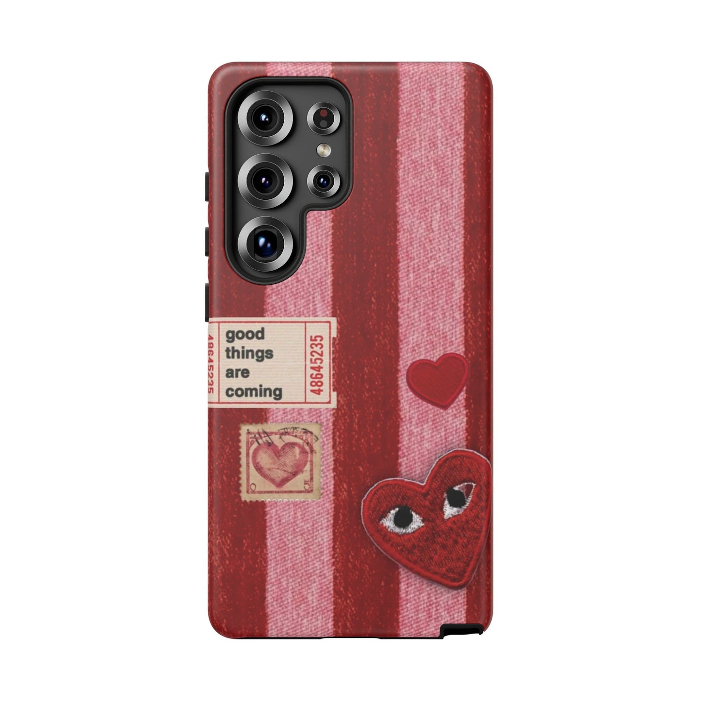 Phone Case — Red Striped Heart Design with “Good Things Are Coming”