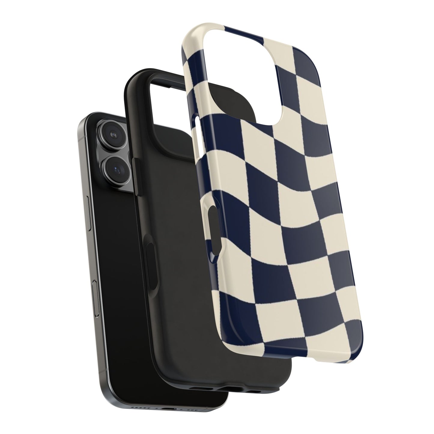 Wavy Checkerboard Tough Phone Case — Navy & Cream Protective Cover