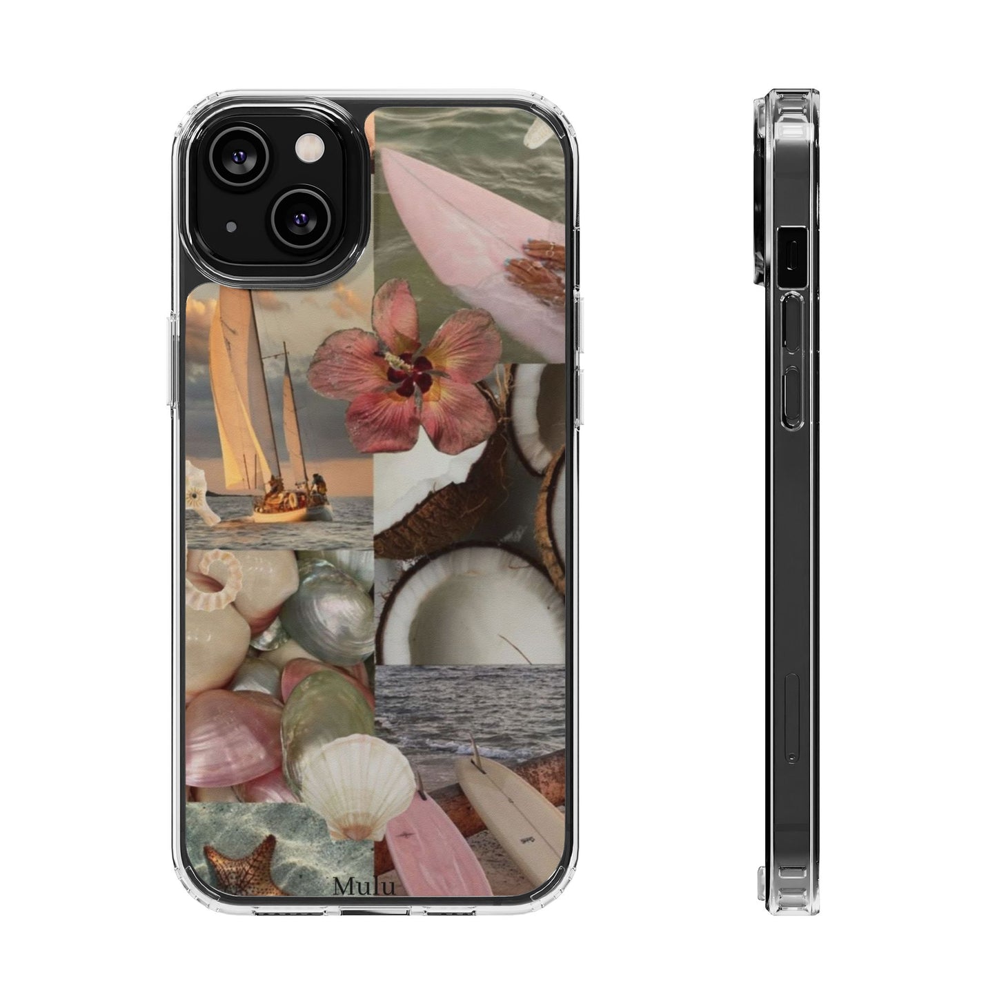 Clear Phone Case — Coastal Collage Shells & Surf Design