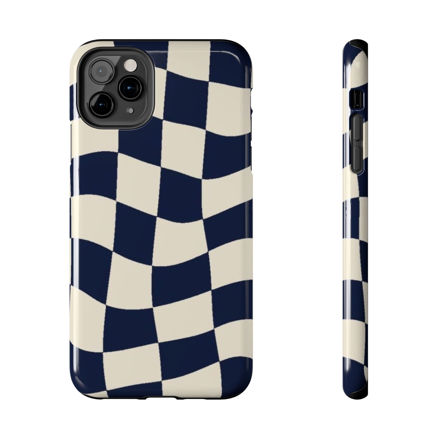 Wavy Checkerboard Tough Phone Case — Navy & Cream Protective Cover