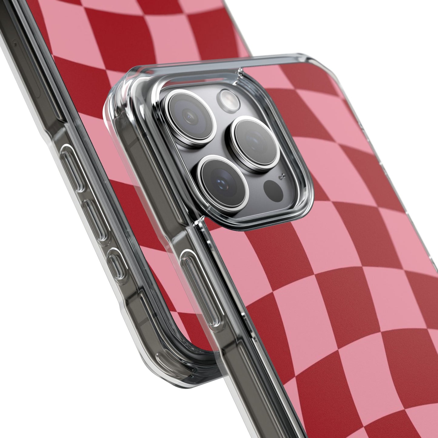 Clear Magnetic Phone Case — Red & Pink Wavy Check Pattern