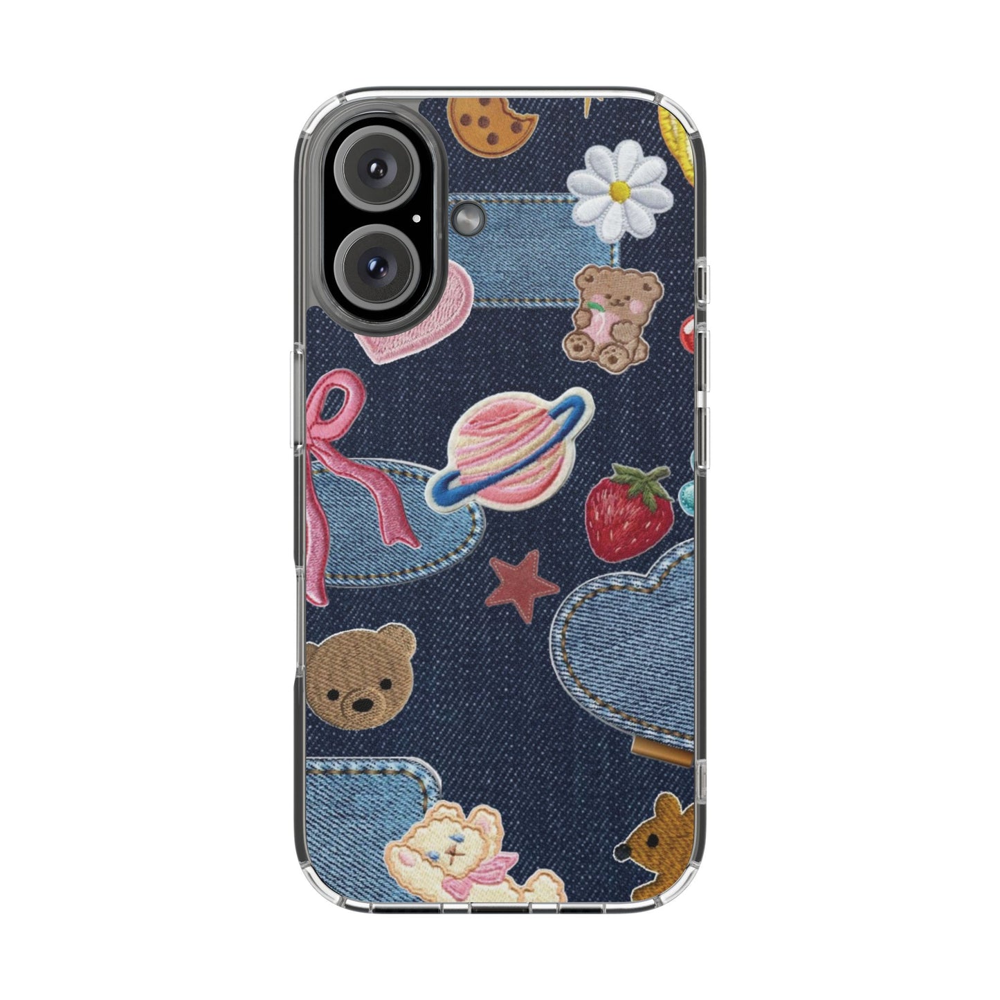 Clear Impact-Resistant Phone Case — Cute Denim Patch Collage (Teddy, Strawberry, Planet)