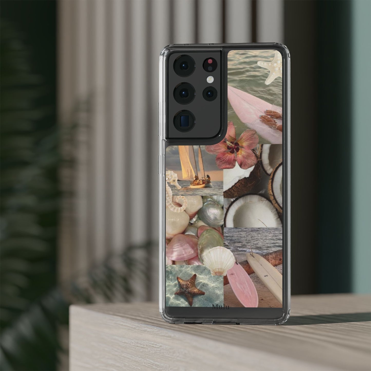 Clear Phone Case — Coastal Collage Shells & Surf Design