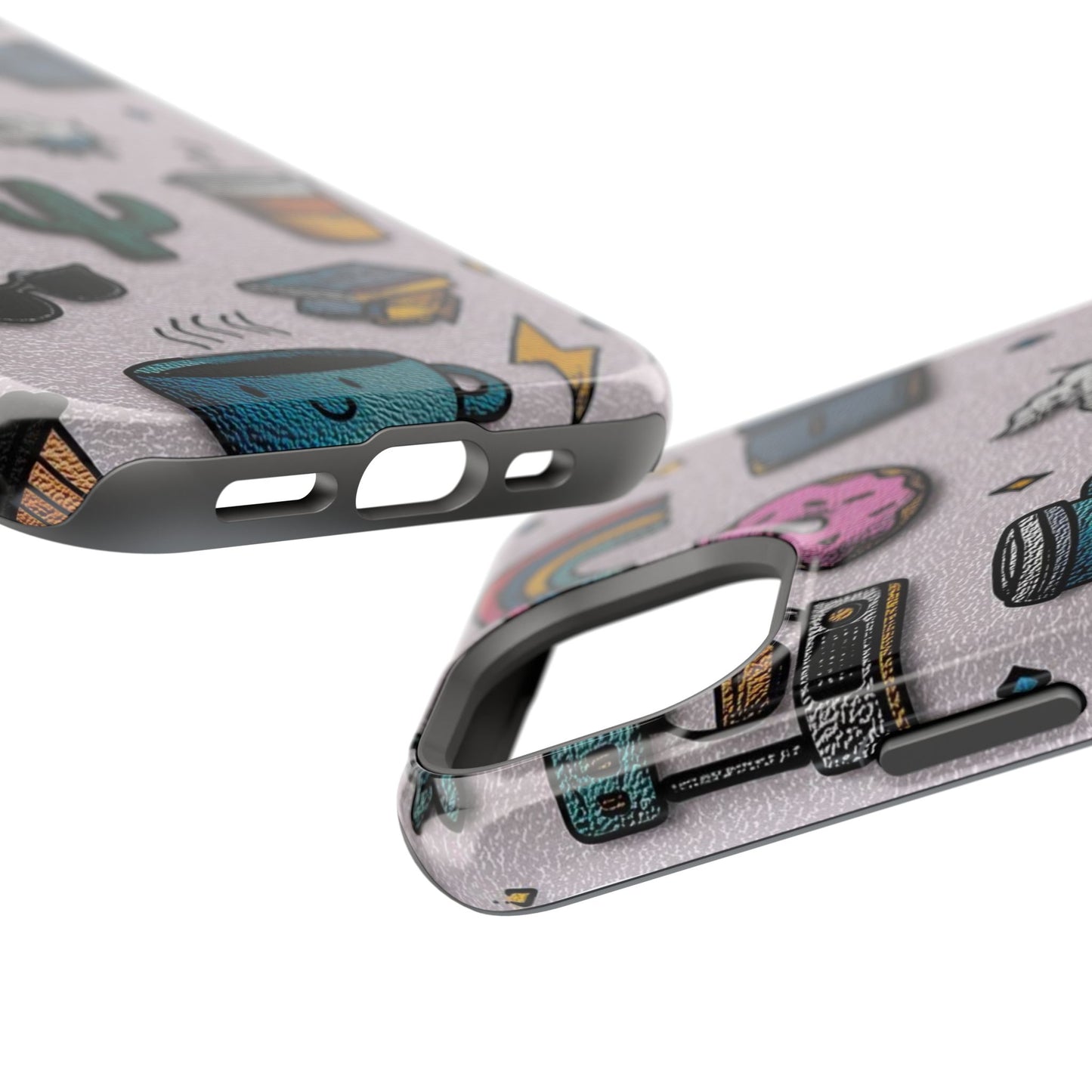 Cute Doodle Phone Case — Magnetic Impact-Resistant Design (coffee, rainbow, cactus)