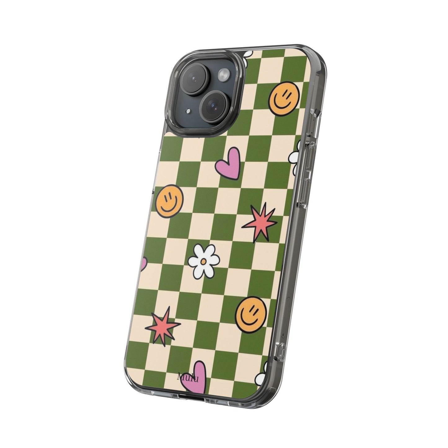 Clear Impact-Resistant Case — Retro Green Checkerboard with Smiley, Hearts & Flowers