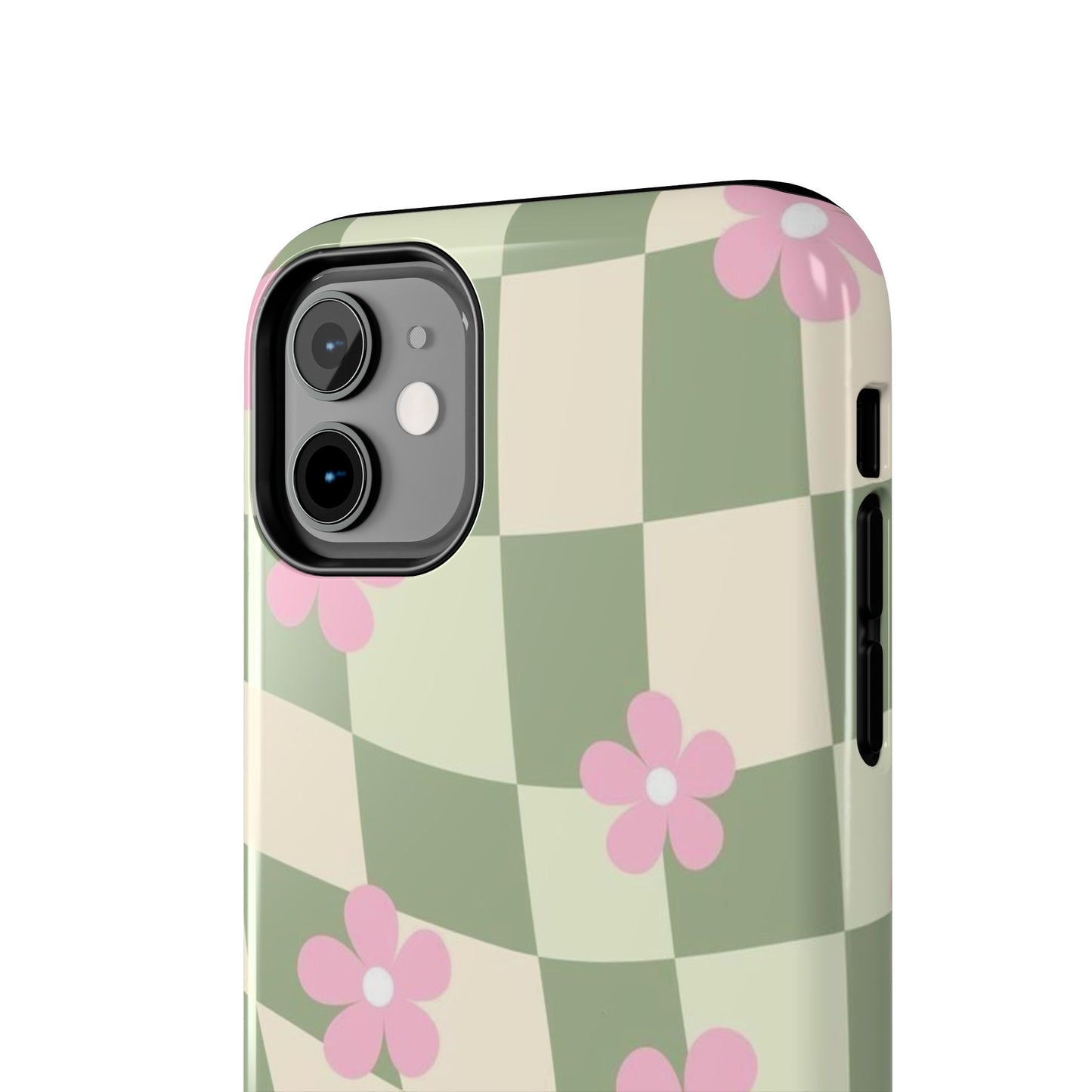 Tough Phone Case — Retro Green Checkerboard with Pink Flowers