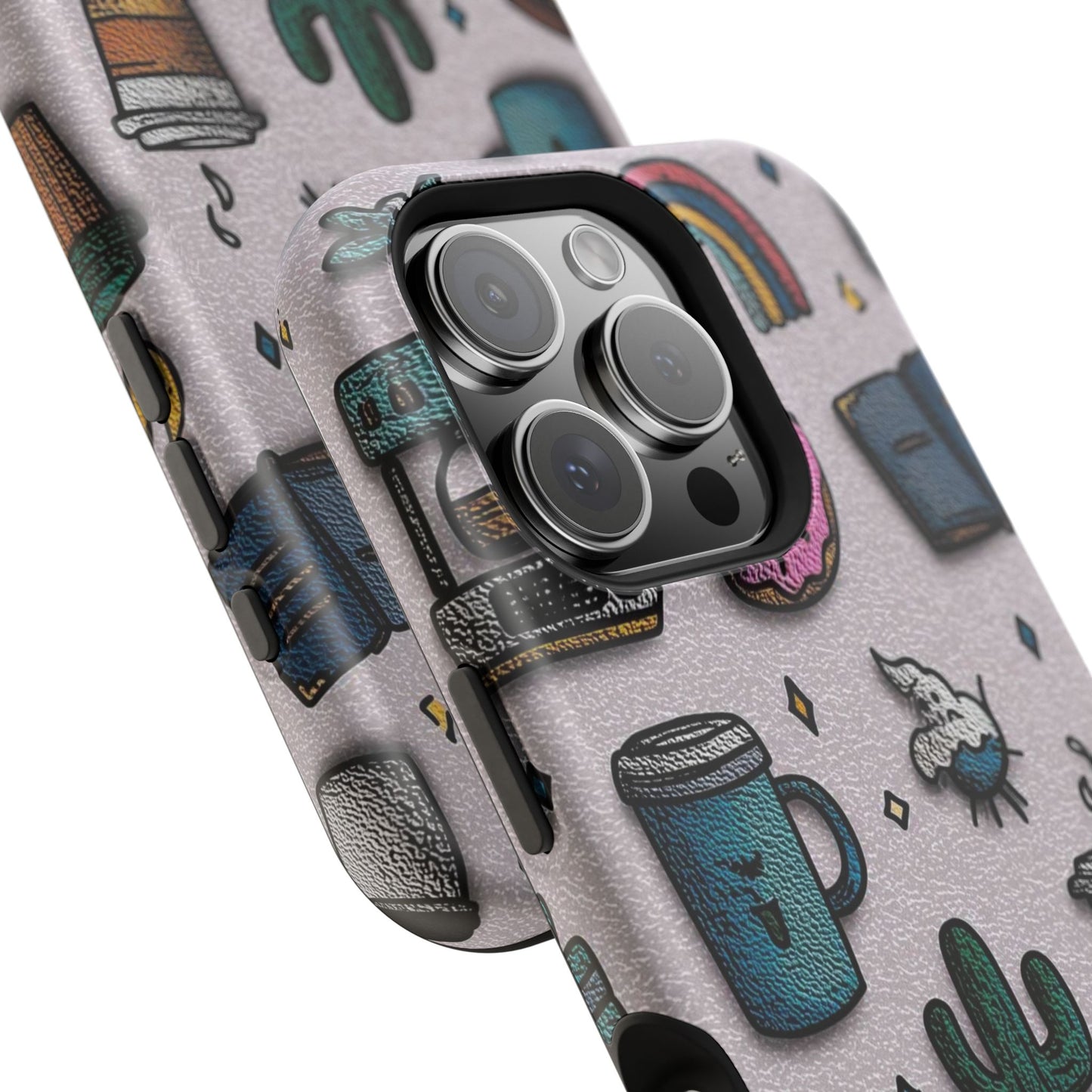 Cute Doodle Phone Case — Magnetic Impact-Resistant Design (coffee, rainbow, cactus)