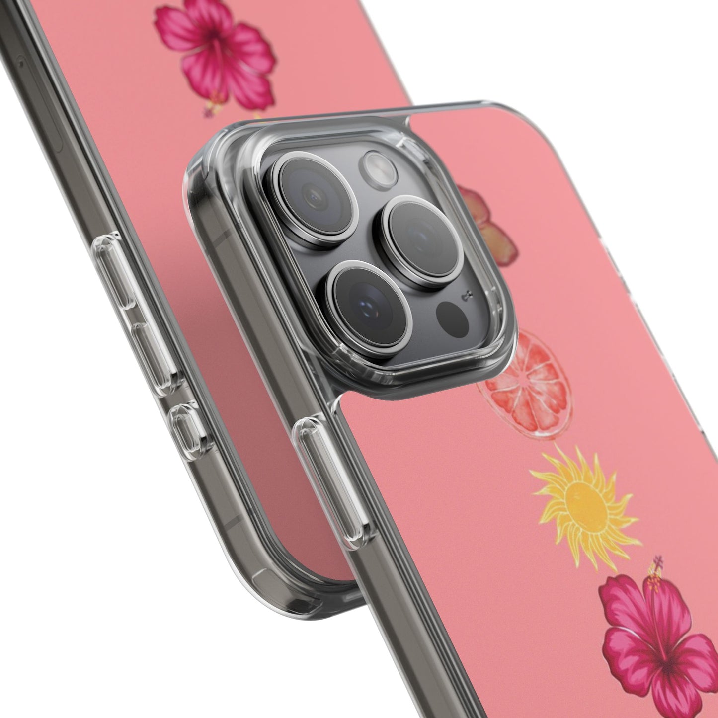 Clear Impact-Resistant Phone Case — Tropical Sun & Hibiscus Floral Design