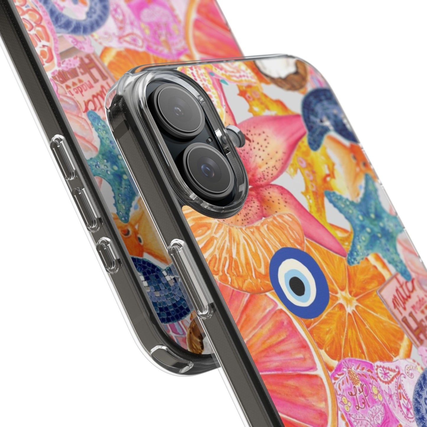 Clear Impact-Resistant Phone Case — Colorful Tropical Collage Design