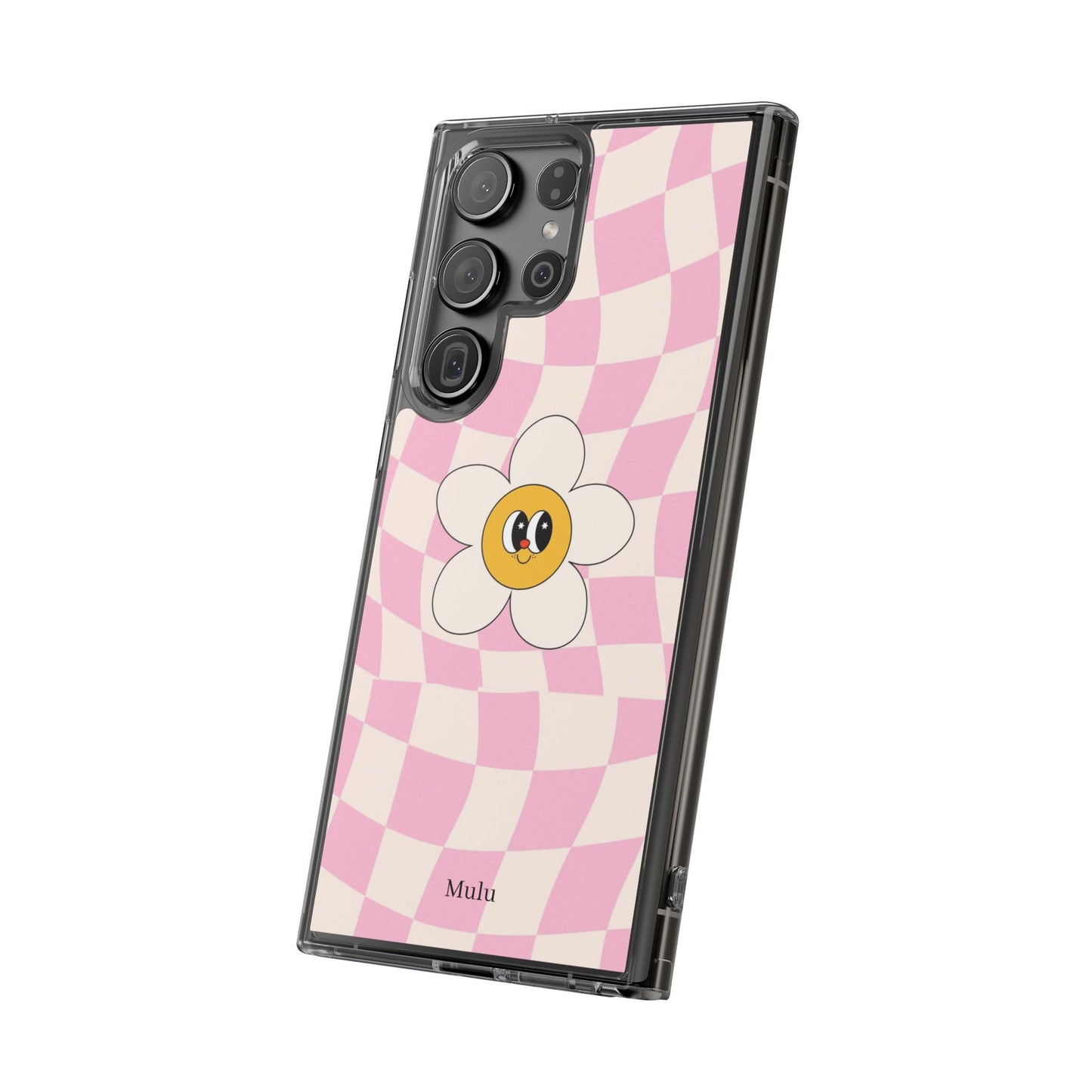Clear Impact-Resistant Phone Case — Pink Checkerboard Daisy Design