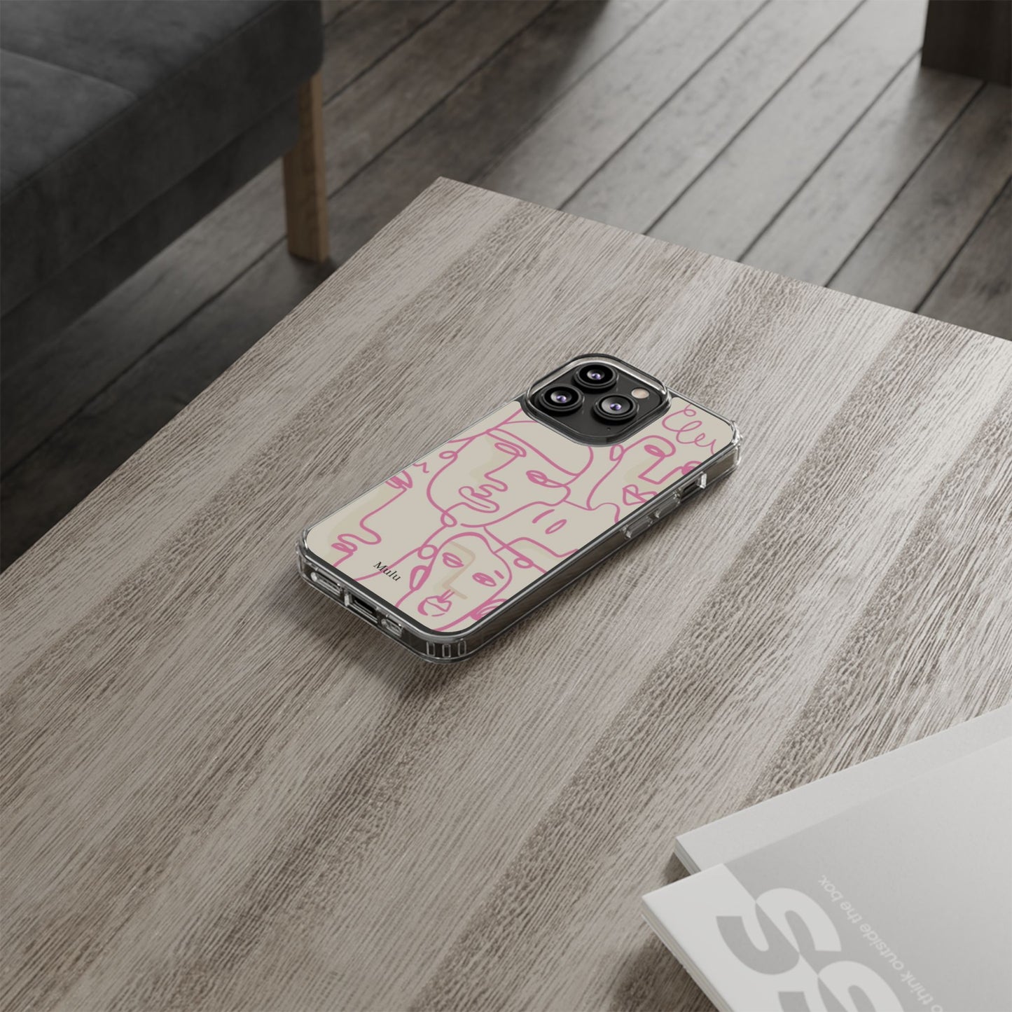 Clear Impact-Resistant Phone Case — Pink Minimalist Line Faces Design