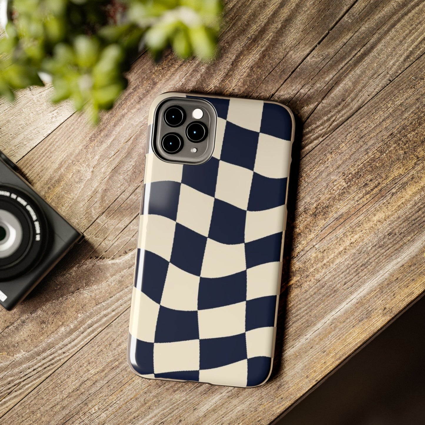 Wavy Checkerboard Tough Phone Case — Navy & Cream Protective Cover