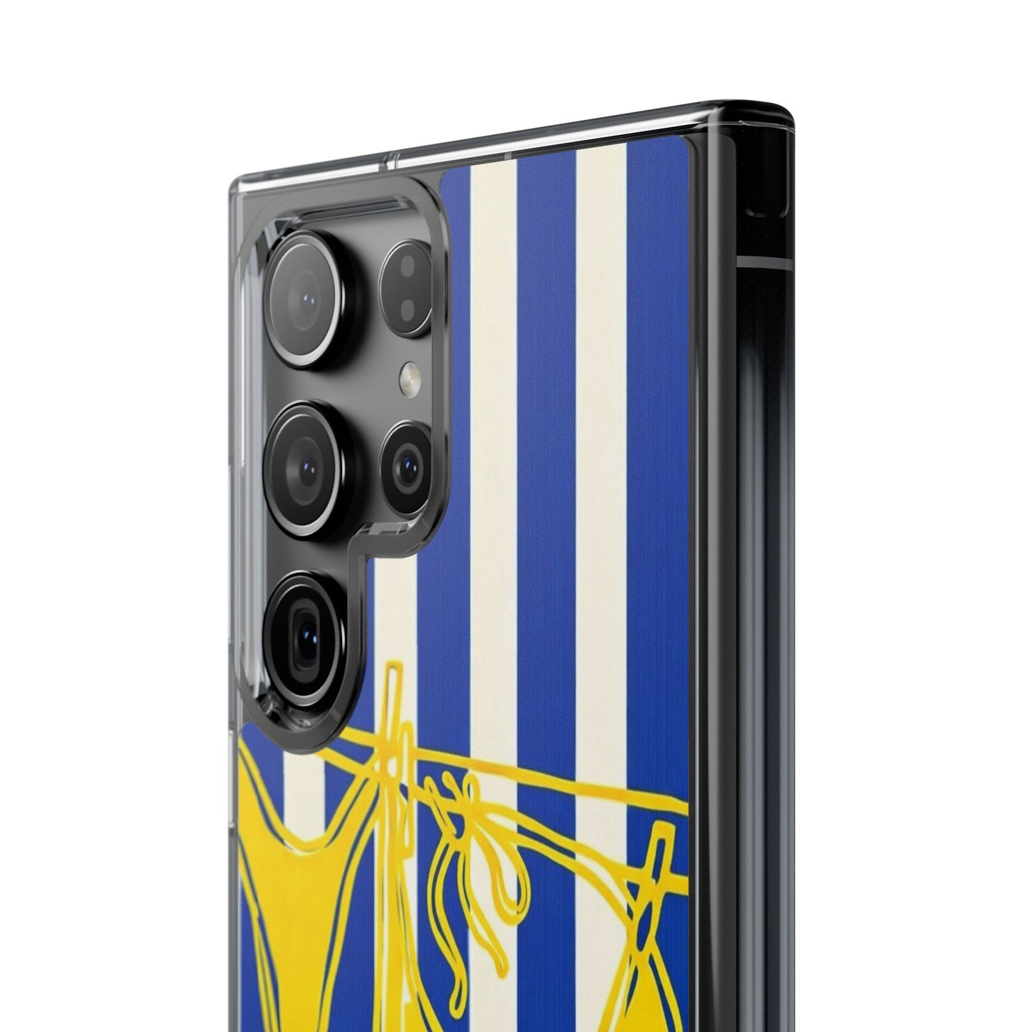 Striped Beach Bikini Phone Case — Yellow Swimwear on Blue & White Stripes, Clear Impact-Resistant