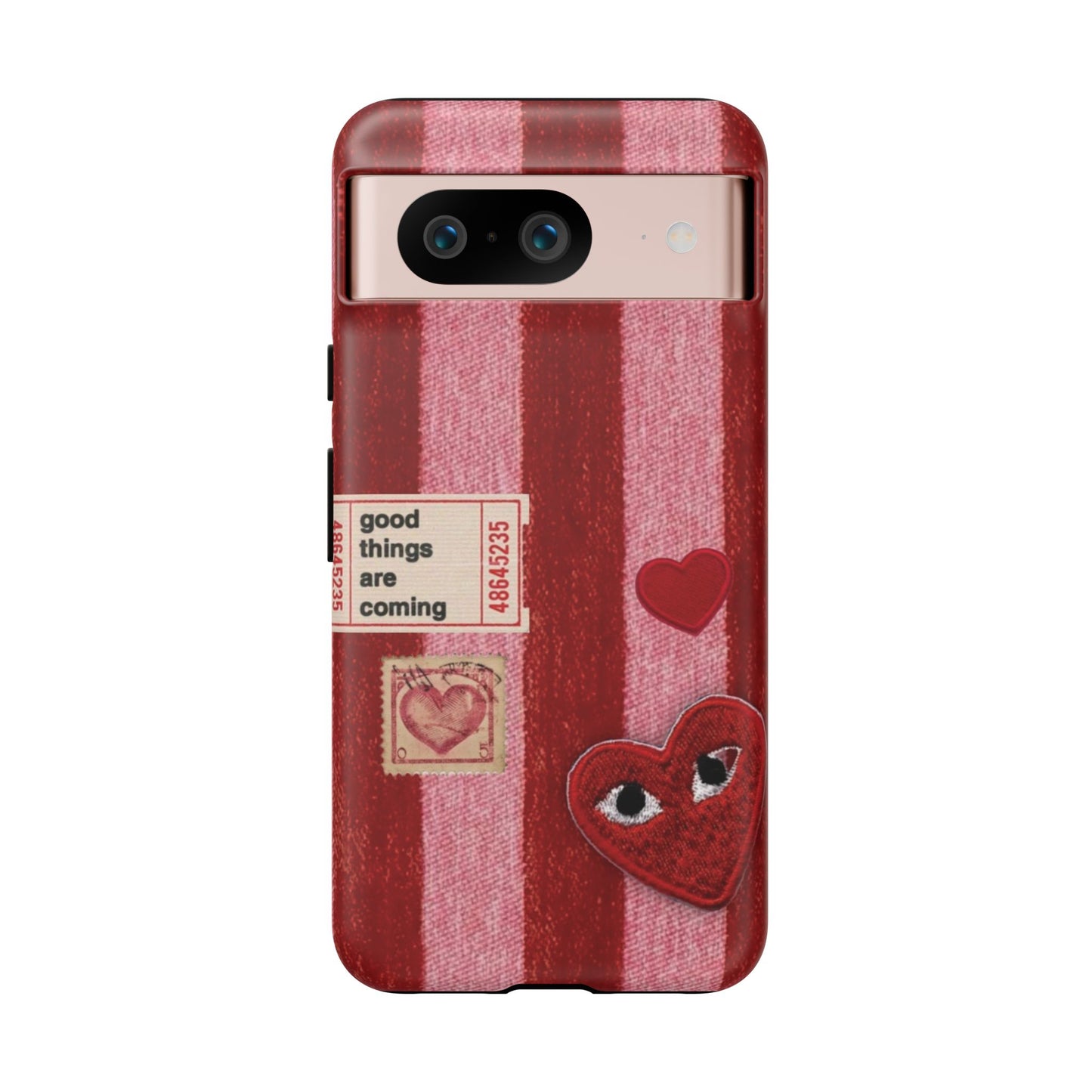Phone Case — Red Striped Heart Design with “Good Things Are Coming”