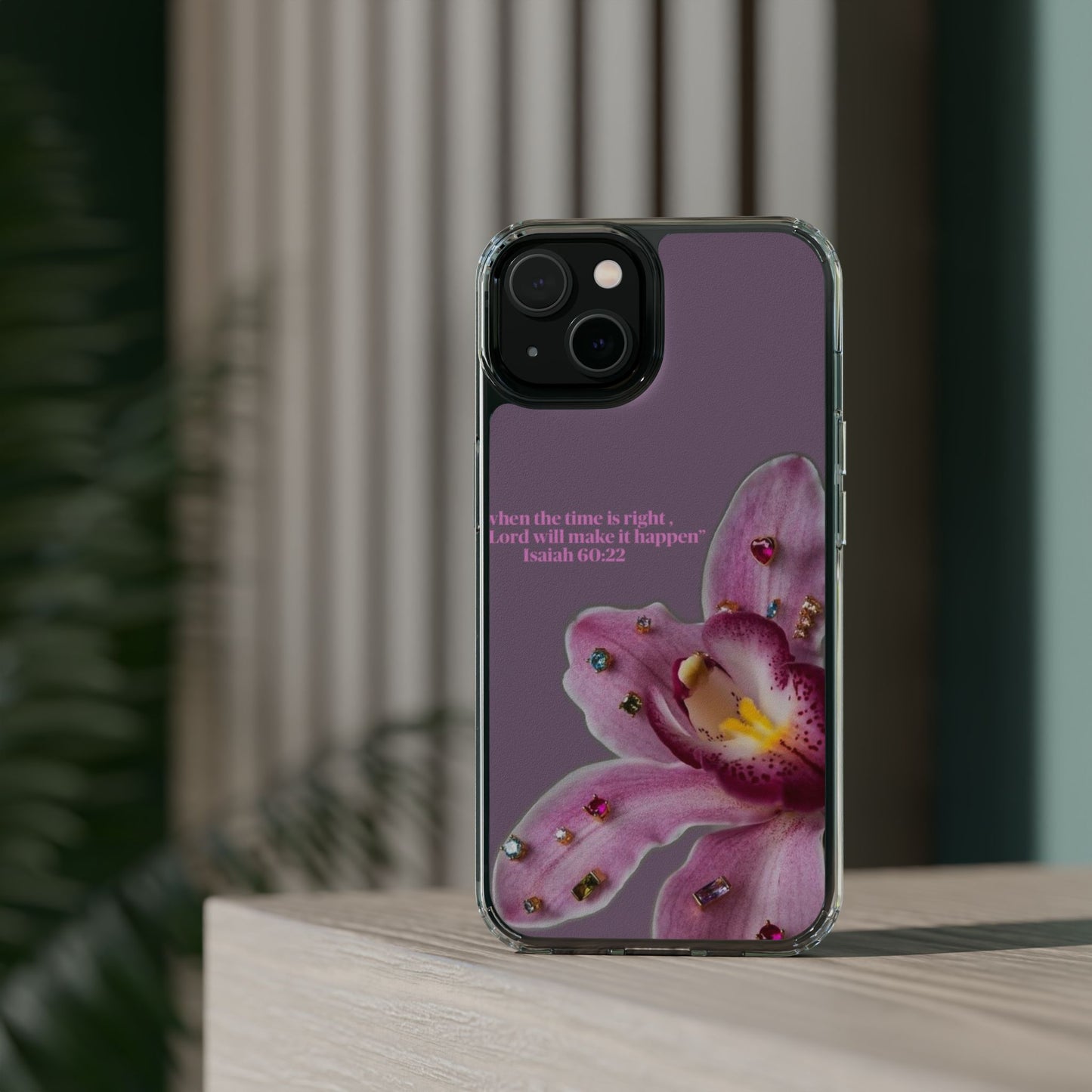 Clear Floral Impact-Resistant Phone Case — "When the time is right" Rose Orchid Design