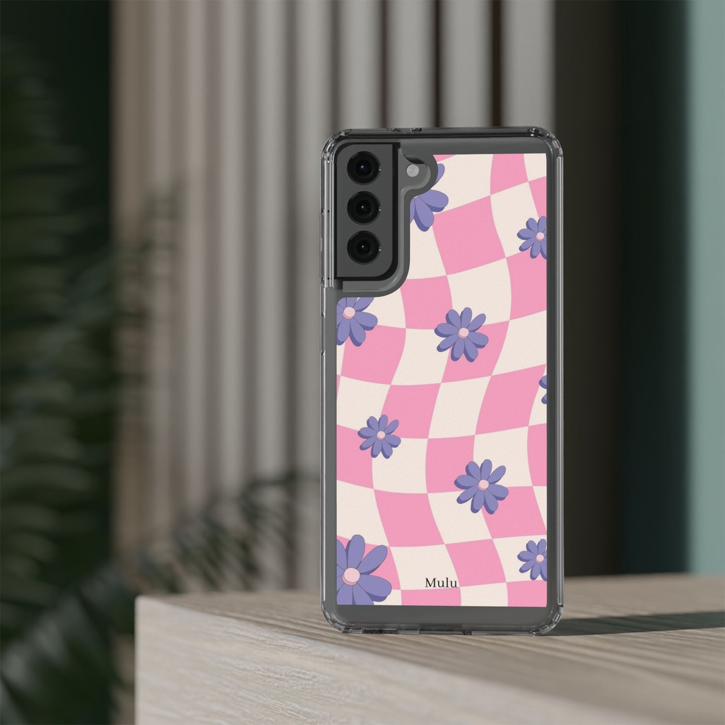 Clear Impact Phone Case — Pink Checkerboard with Purple Flowers
