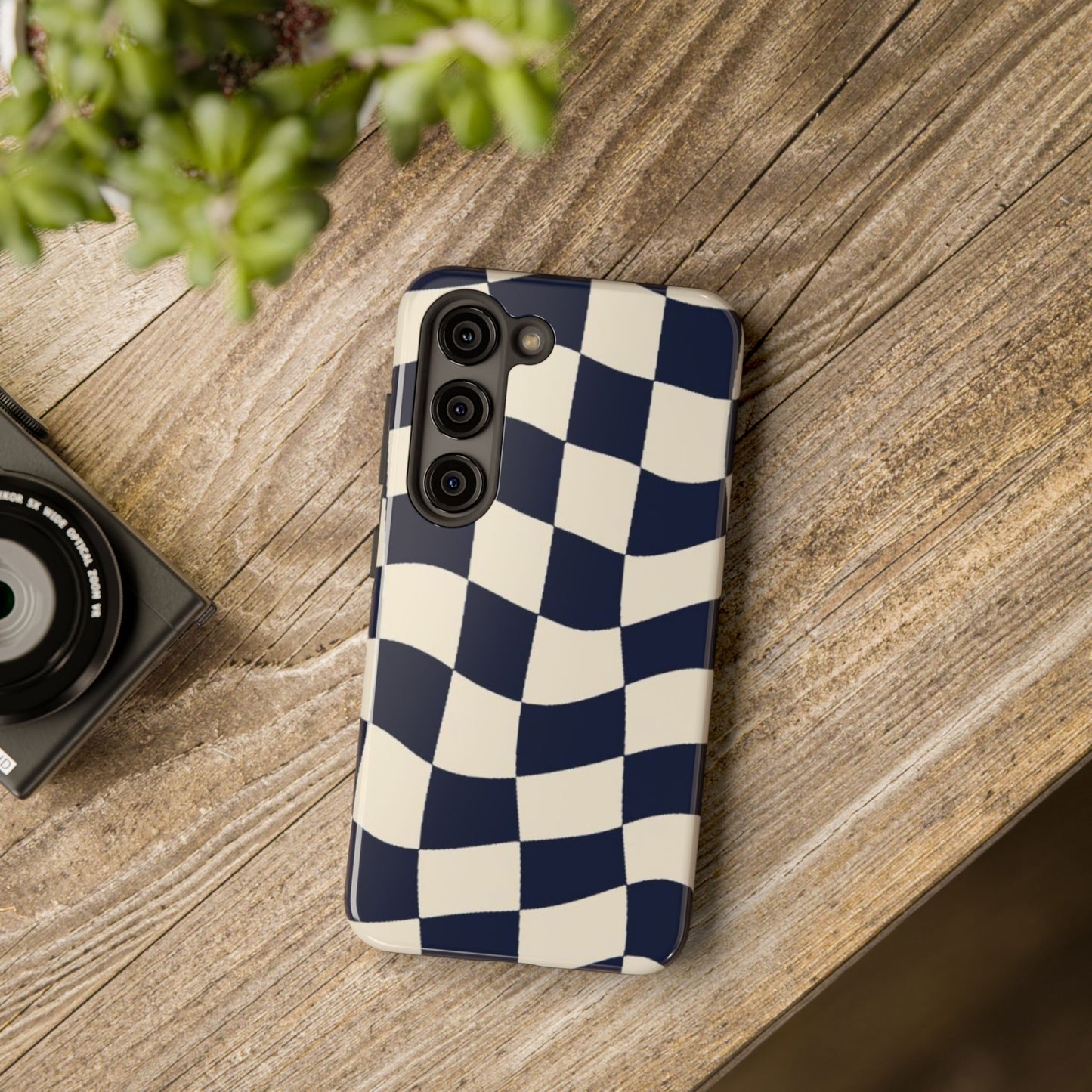 Wavy Checkerboard Tough Phone Case — Navy & Cream Protective Cover