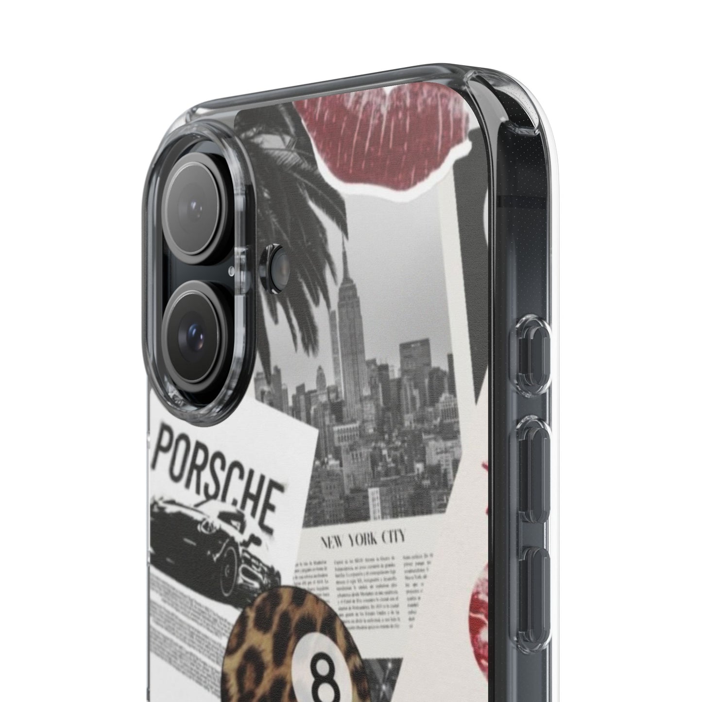 Clear Impact-Resistant Phone Case — Collage Luxury Leopard & Vintage Car Design