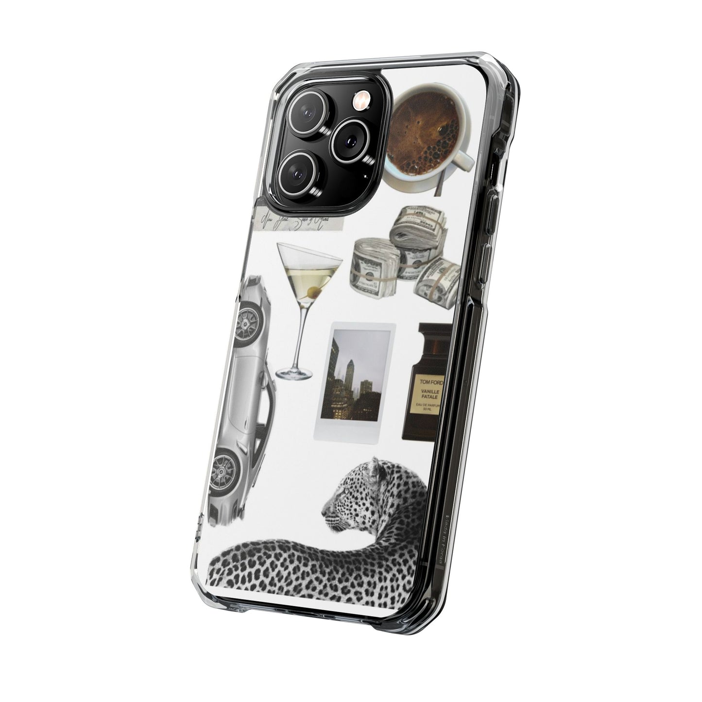 Clear Impact Phone Case — Luxe Collage (Leopard, Martini, Coffee & Vintage Car)