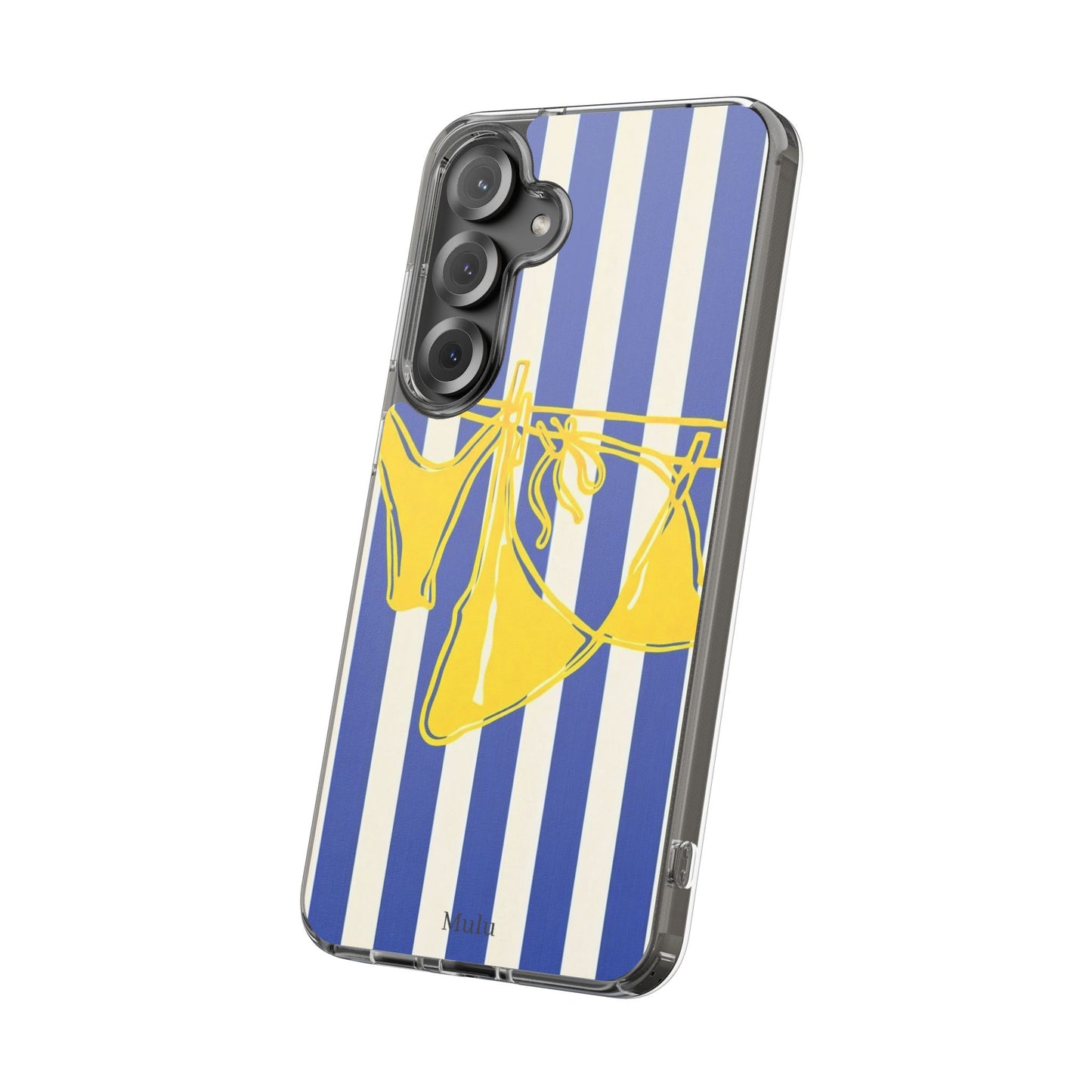 Striped Beach Bikini Phone Case — Yellow Swimwear on Blue & White Stripes, Clear Impact-Resistant
