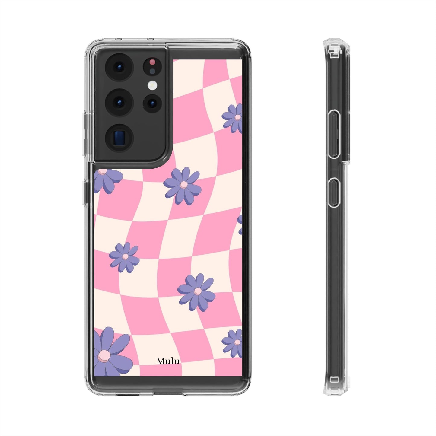 Clear Impact Phone Case — Pink Checkerboard with Purple Flowers