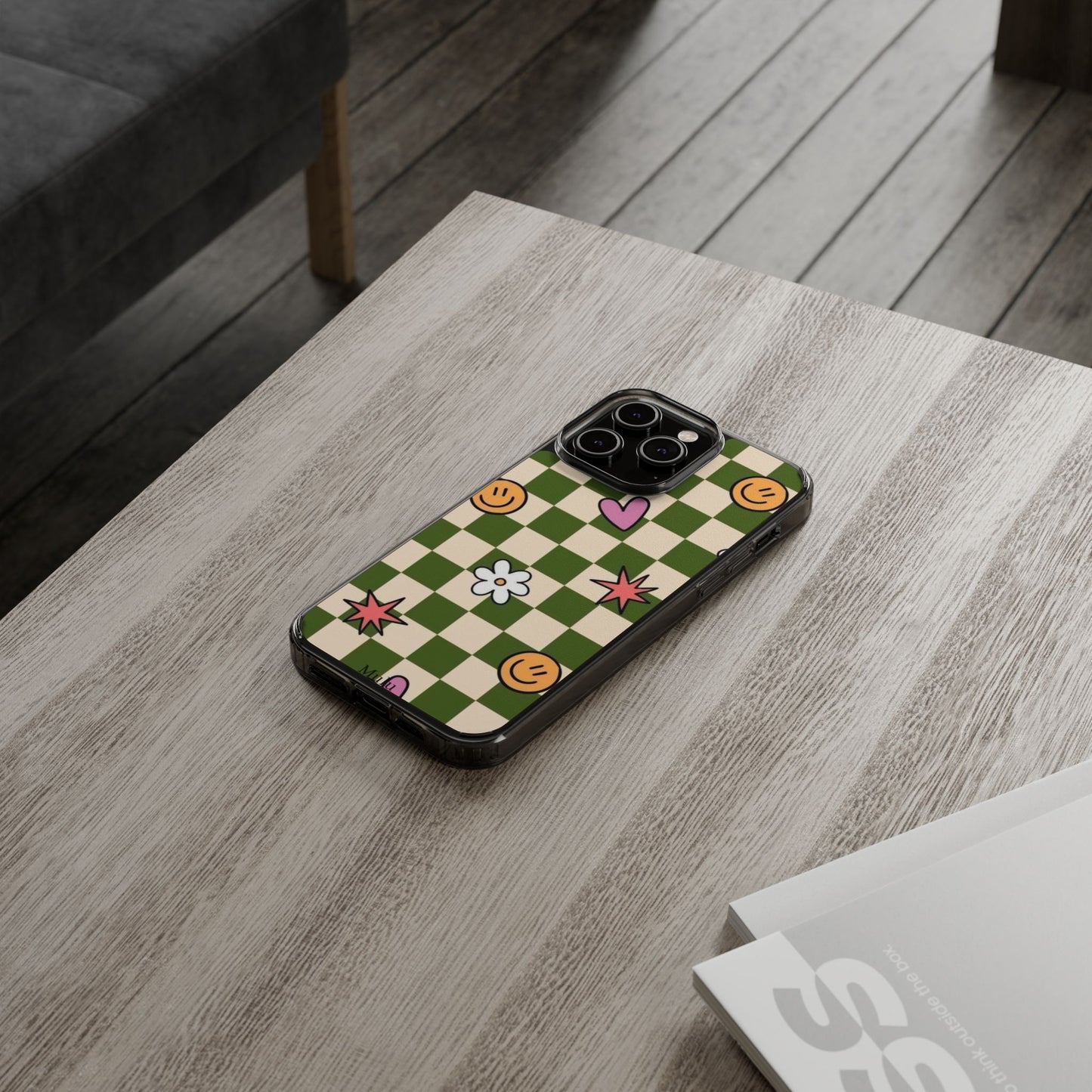 Clear Impact-Resistant Case — Retro Green Checkerboard with Smiley, Hearts & Flowers