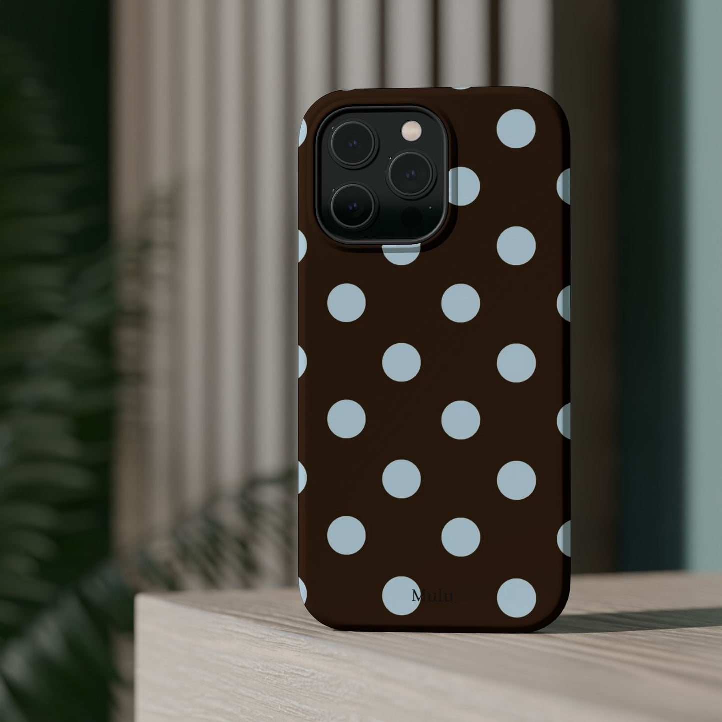 Polka Dot Magnetic Phone Case — Brown with Light Blue Dots, Impact-Resistant