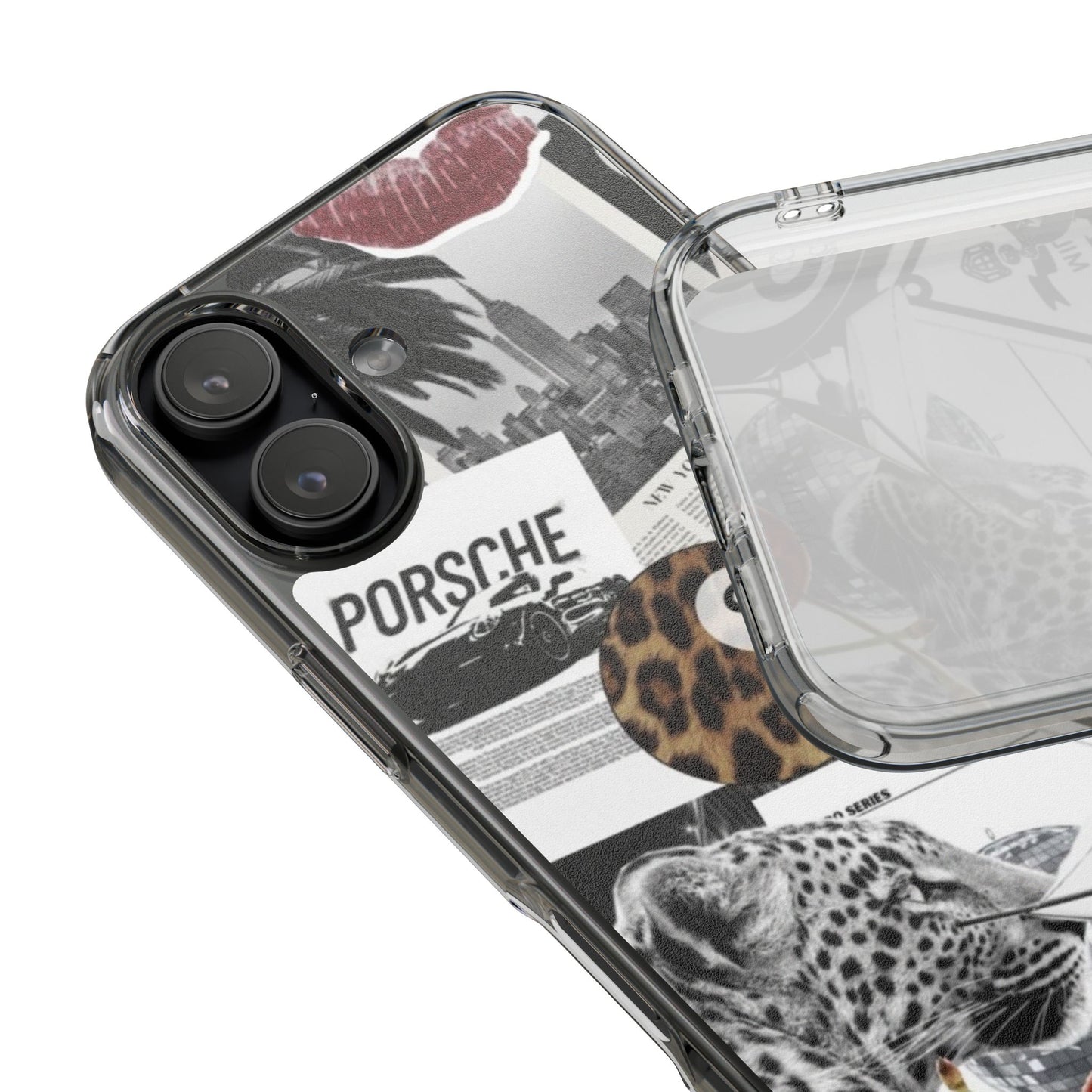 Clear Impact-Resistant Phone Case — Collage Luxury Leopard & Vintage Car Design