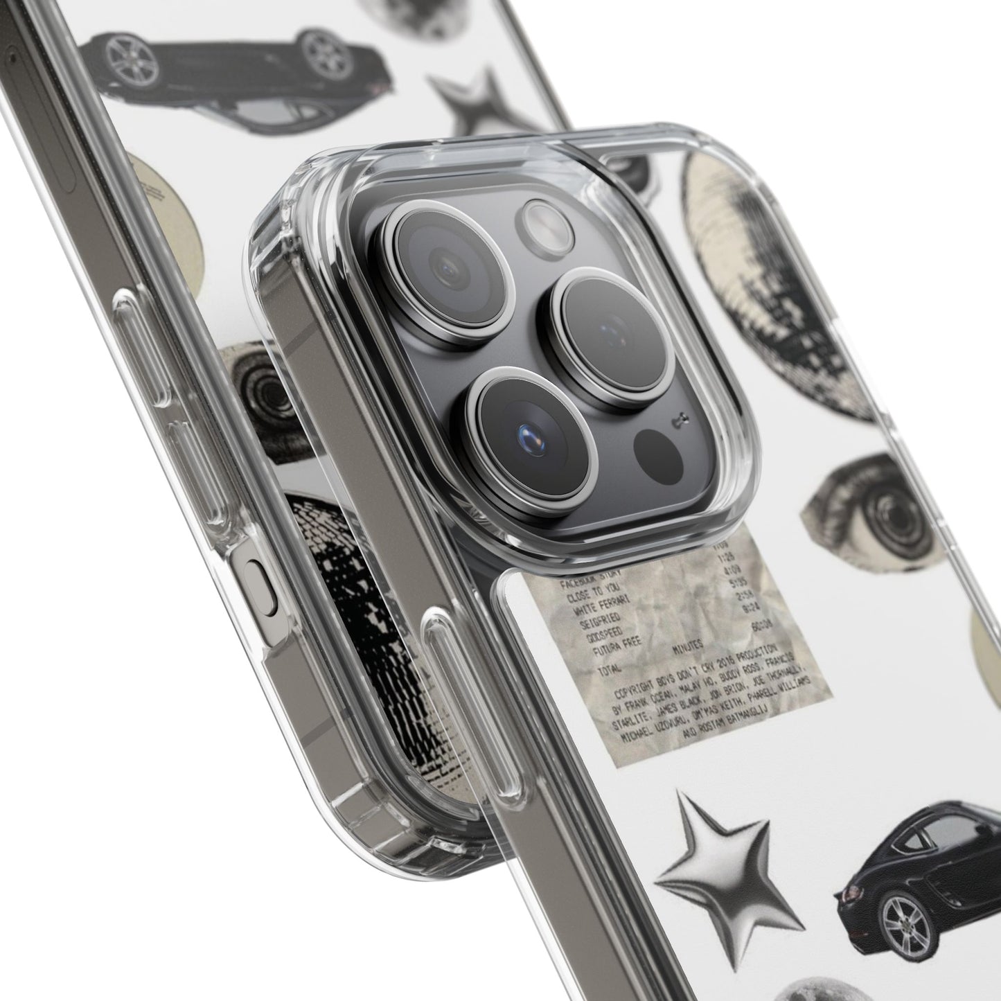 Clear Phone Case — Vintage Collage Stickers (Moon, Eye, Car, Cherries)
