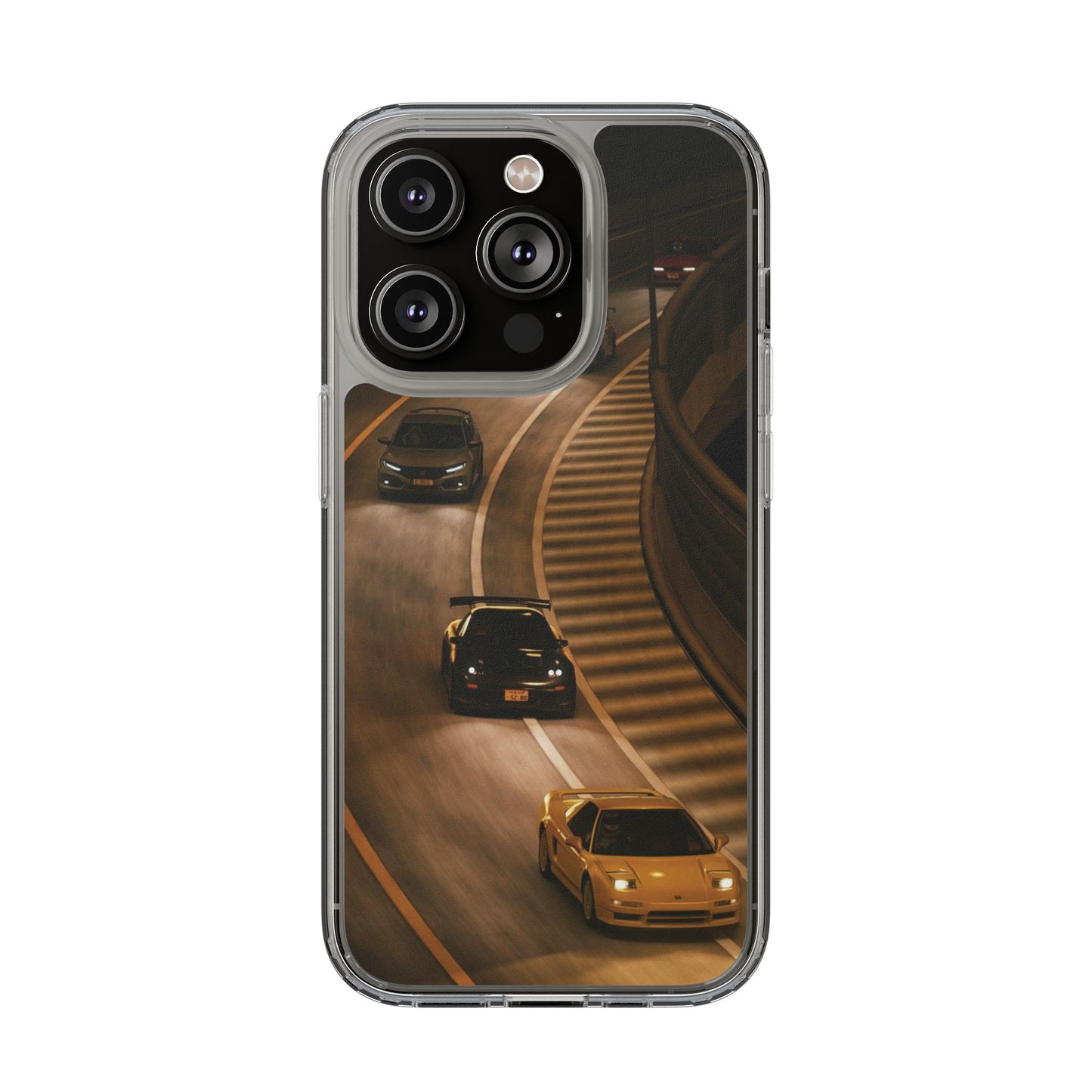 Racing Night Clear Phone Case – Sports Cars on Curved Highway