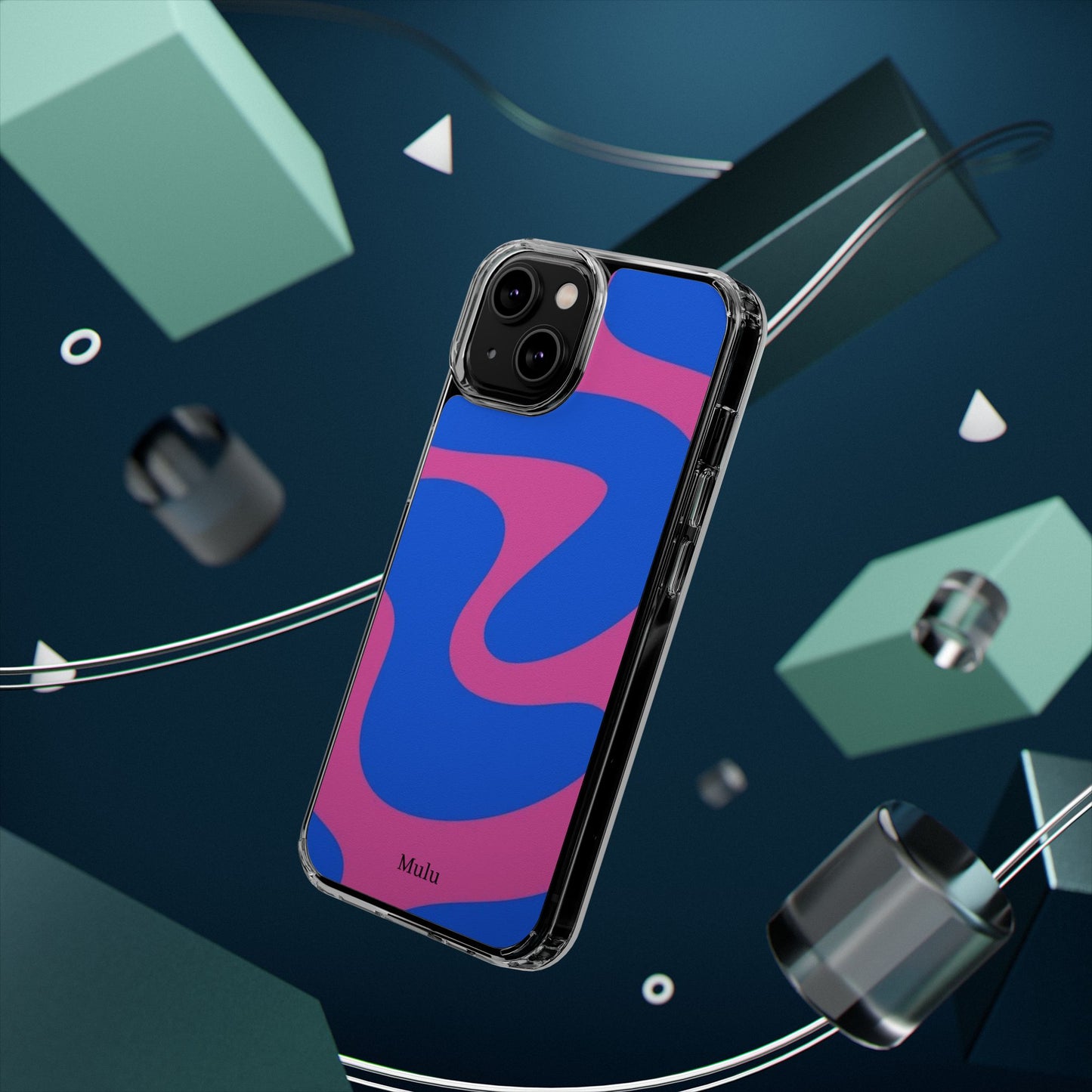 Clear Impact-Resistant Phone Case — Retro Blue & Pink Abstract Swirl
