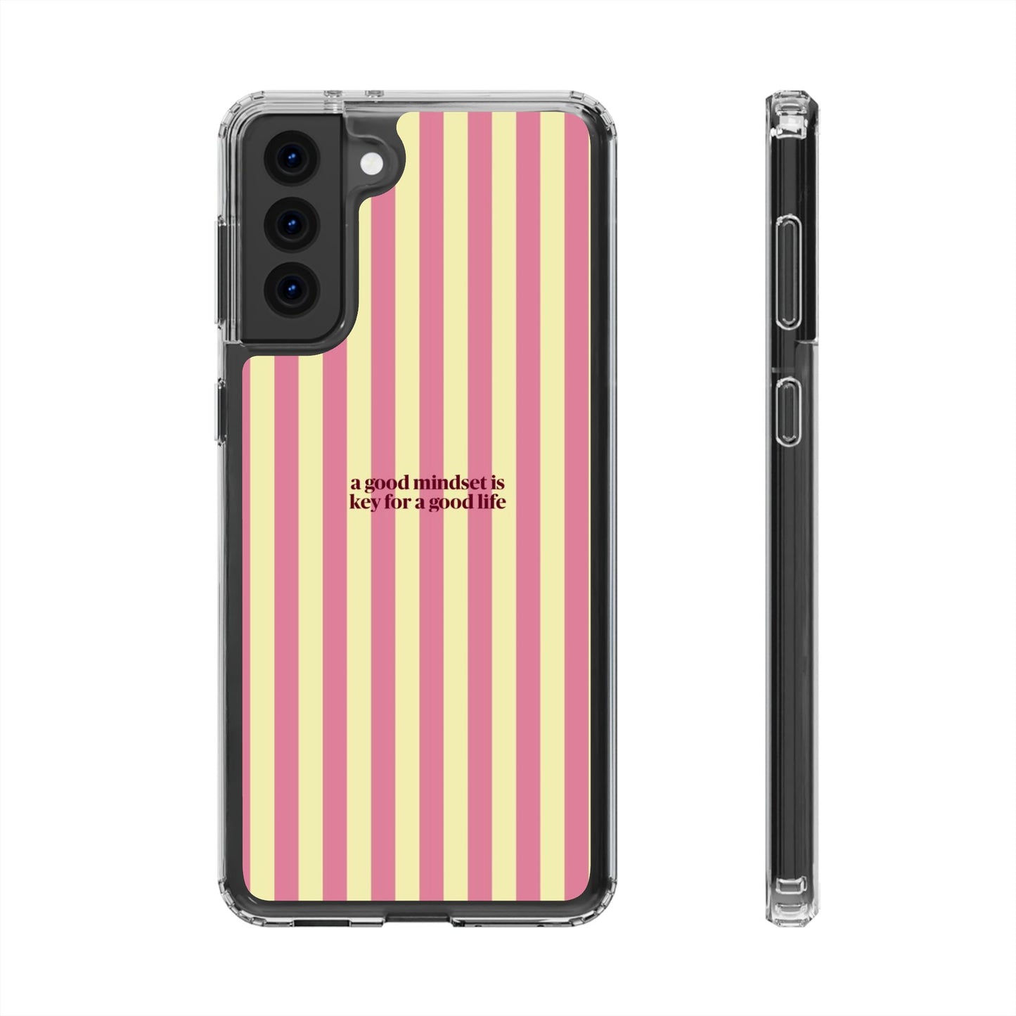 Striped Clear Phone Case — "A Good Mindset Is Key for a Good Life" Motivational iPhone Case
