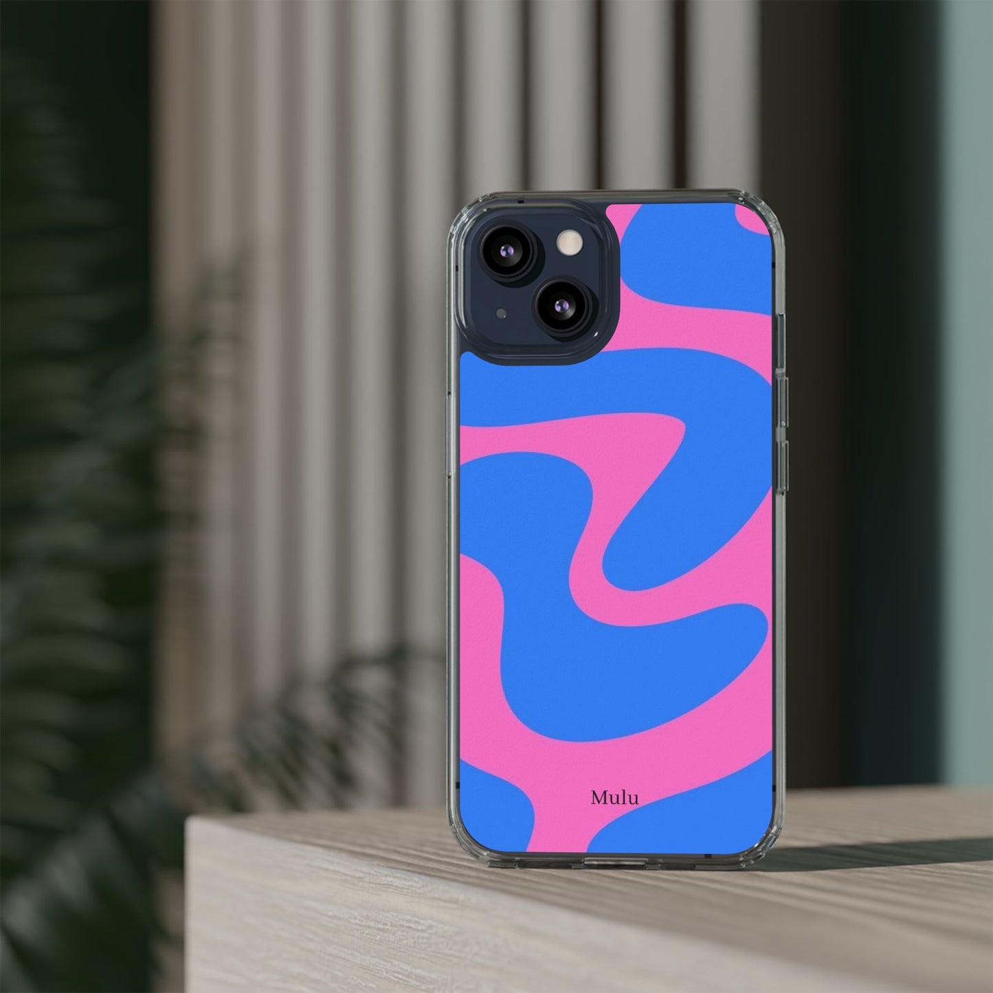 Clear Impact-Resistant Phone Case — Retro Blue & Pink Abstract Swirl