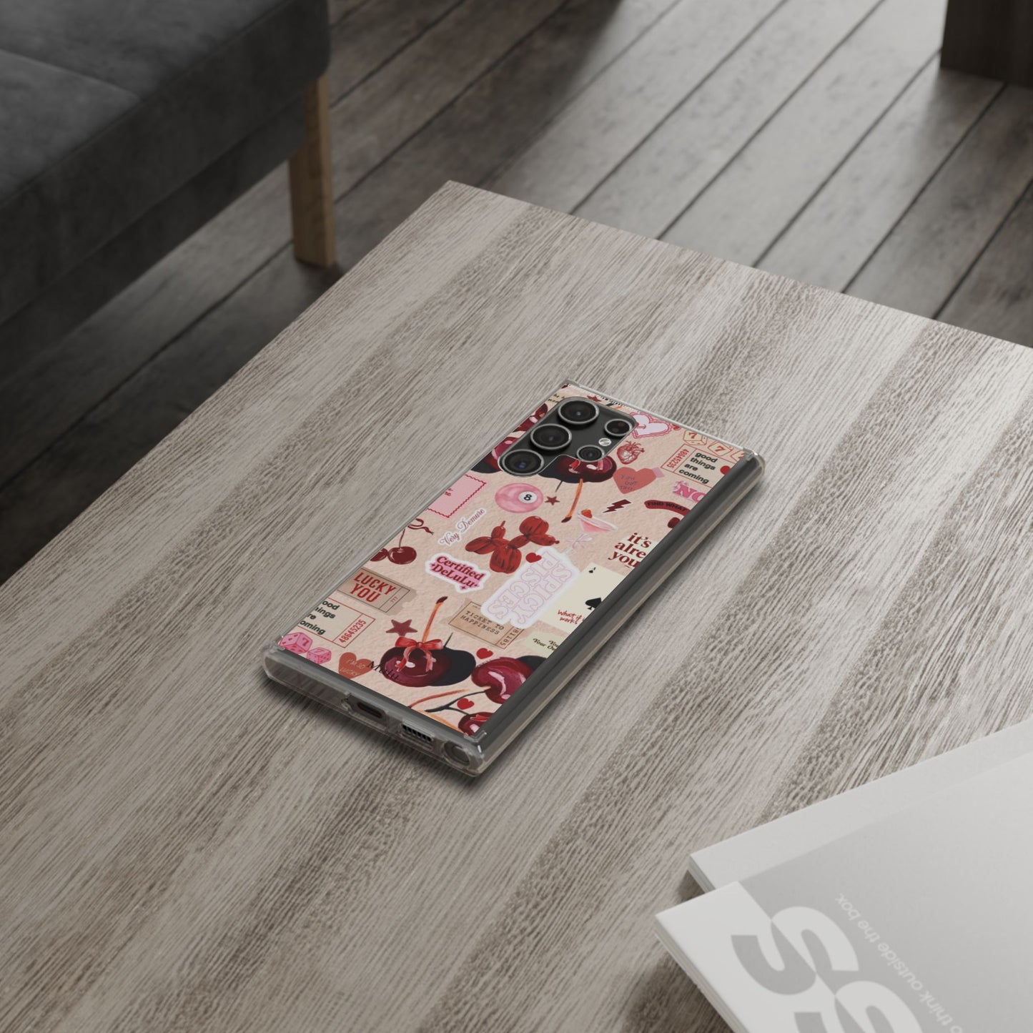 Clear Impact-Resistant Phone Case — Retro Cherry & Sticker Collage