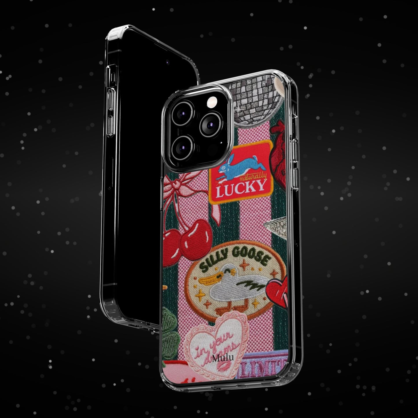 Clear Impact-Resistant Phone Case — Retro Patchwork Stickers (Lucky, Cherries, Silly Goose)