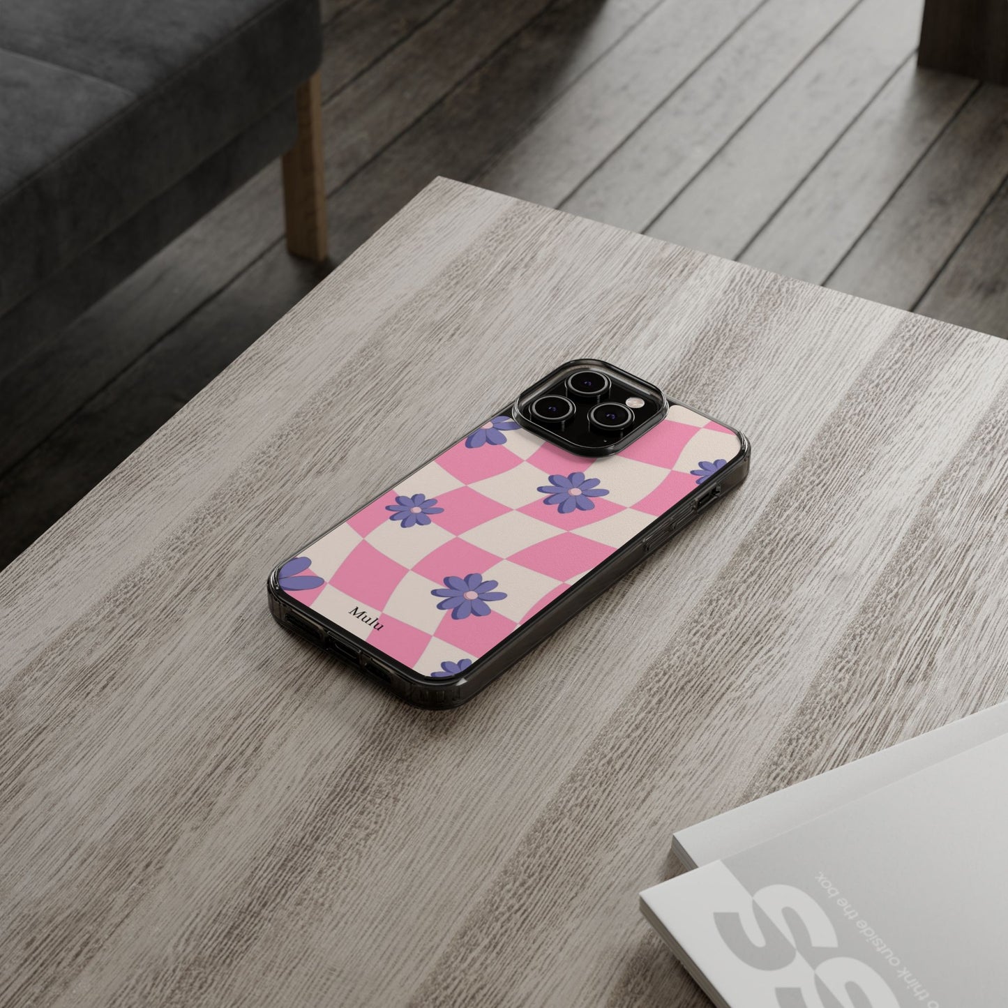 Clear Impact Phone Case — Pink Checkerboard with Purple Flowers