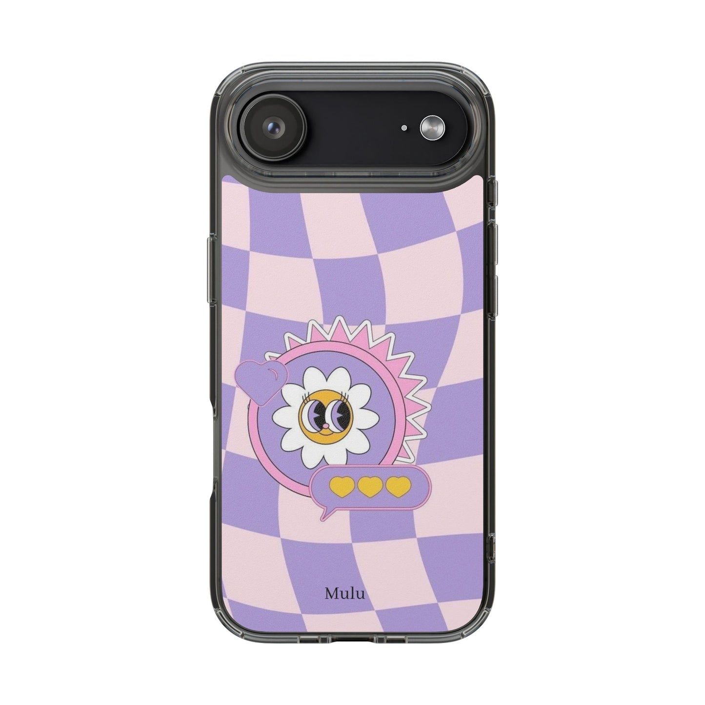 Clear Impact-Resistant Case — Cute Purple Checkerboard Dino with 'Mulu'