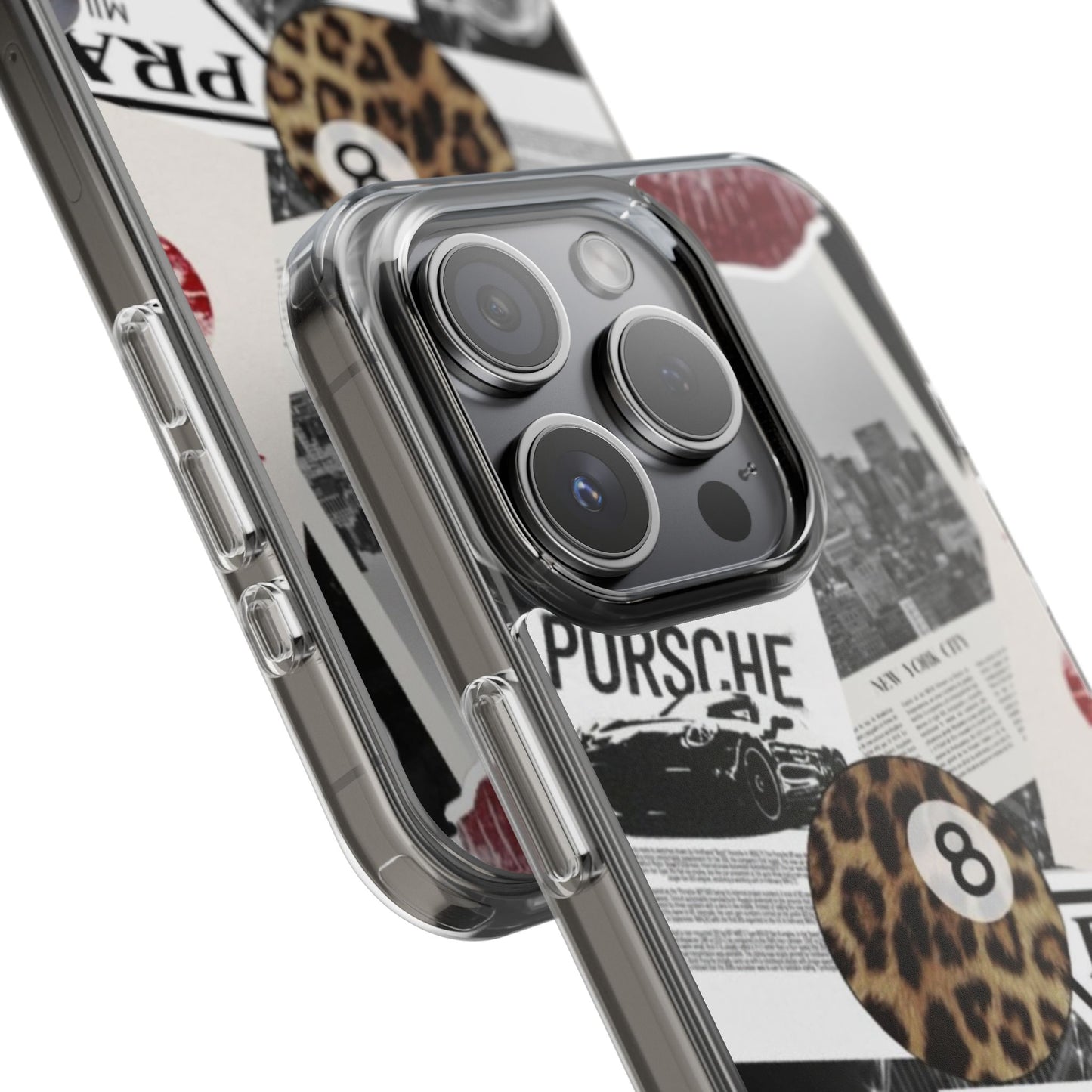 Clear Impact-Resistant Phone Case — Collage Luxury Leopard & Vintage Car Design