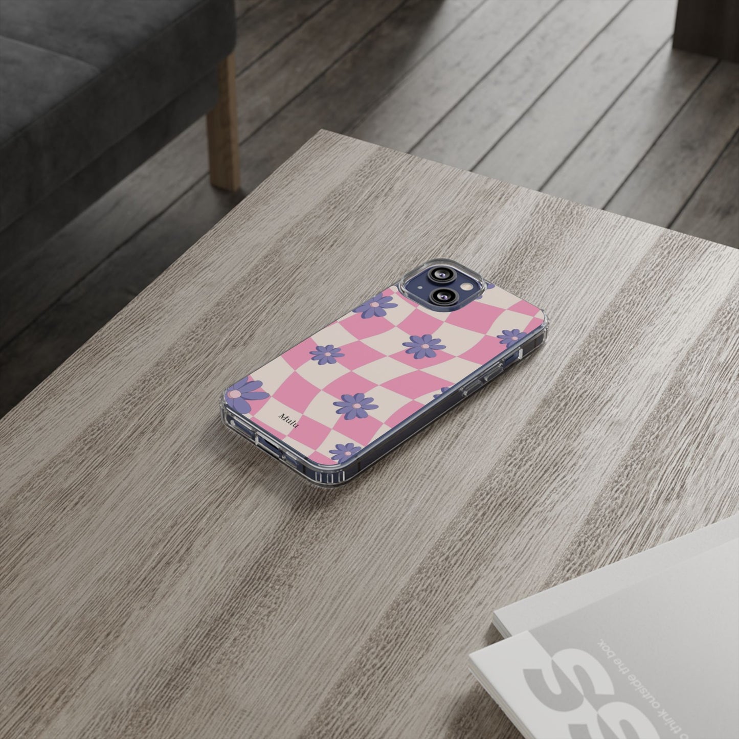Clear Impact Phone Case — Pink Checkerboard with Purple Flowers