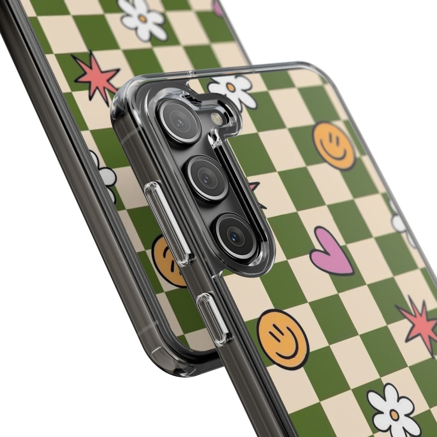 Clear Impact-Resistant Case — Retro Green Checkerboard with Smiley, Hearts & Flowers