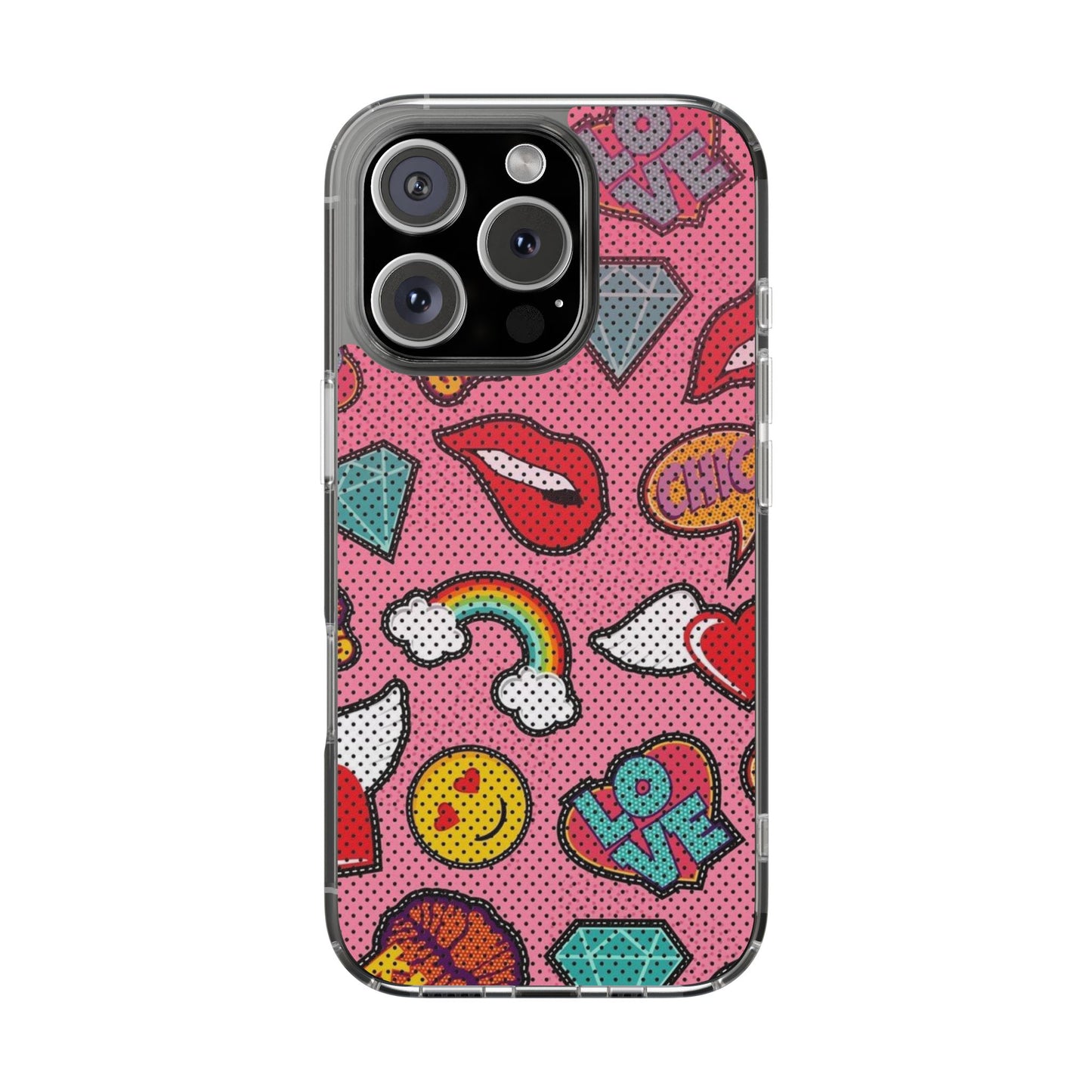 Clear Impact-Resistant Phone Case — Pink Pop Sticker Pattern (Hearts, Rainbows, Smileys)