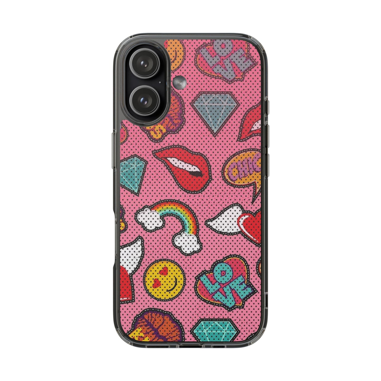 Clear Impact-Resistant Phone Case — Pink Pop Sticker Pattern (Hearts, Rainbows, Smileys)