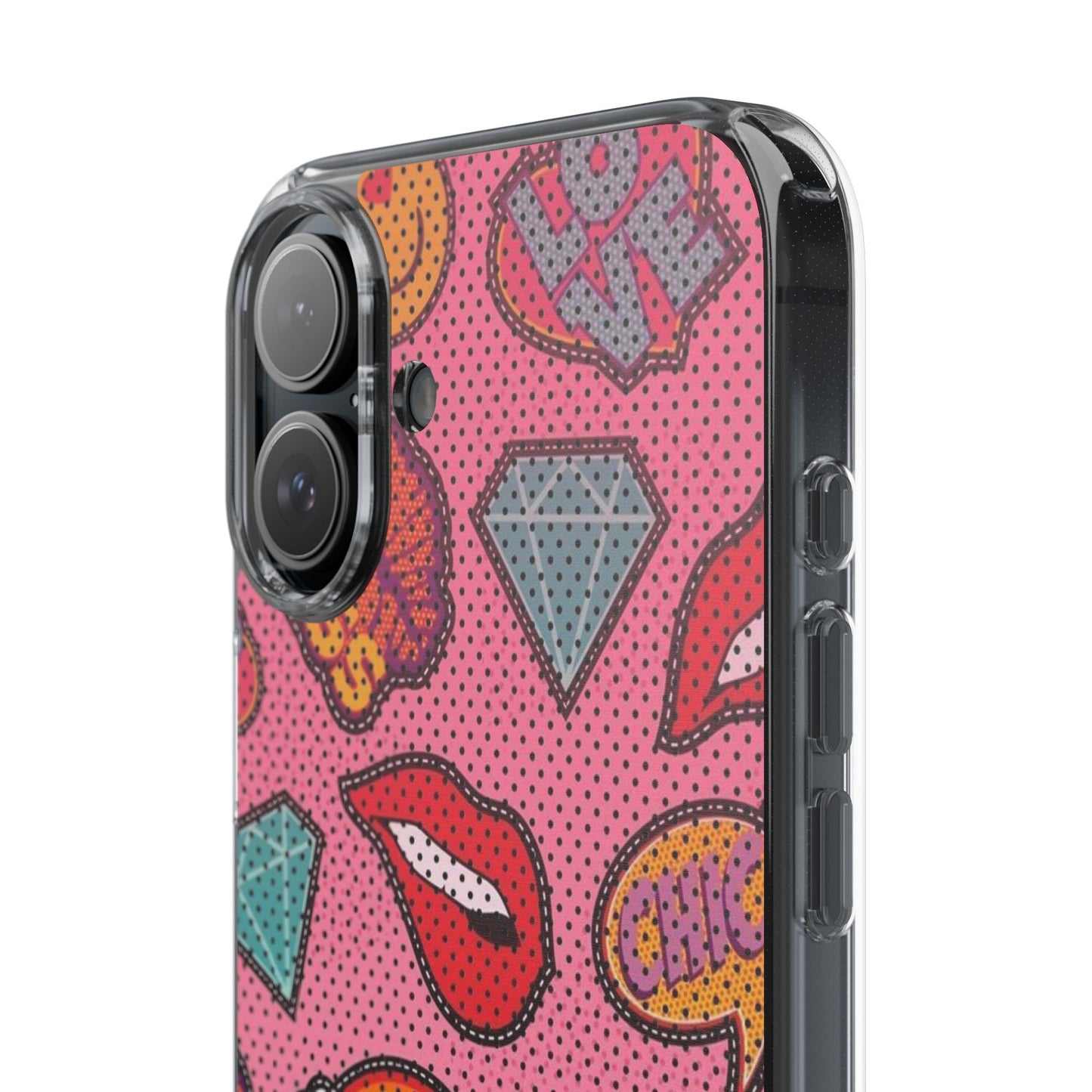 Clear Impact-Resistant Phone Case — Pink Pop Sticker Pattern (Hearts, Rainbows, Smileys)