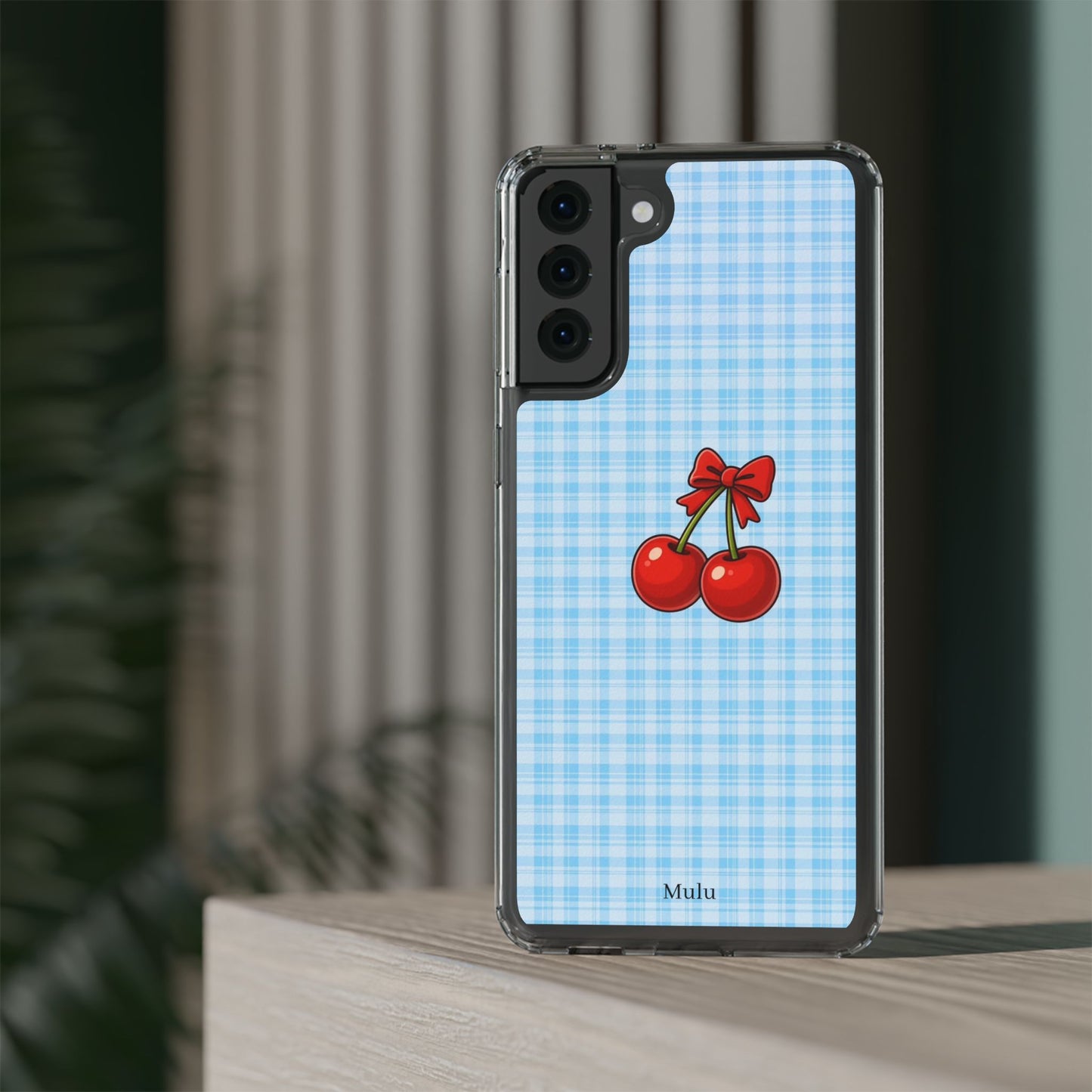 Clear Cherry Gingham Phone Case — Impact-Resistant Clear Case with Red Cherry Design