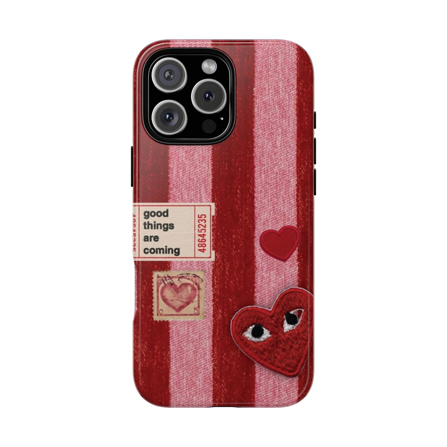 Phone Case — Red Striped Heart Design with “Good Things Are Coming”
