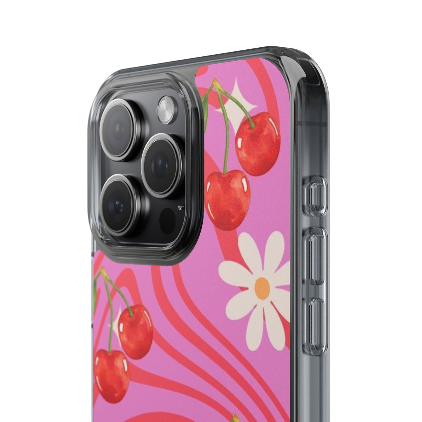 Clear Impact Phone Case — Retro Cherry & Daisy Floral Design