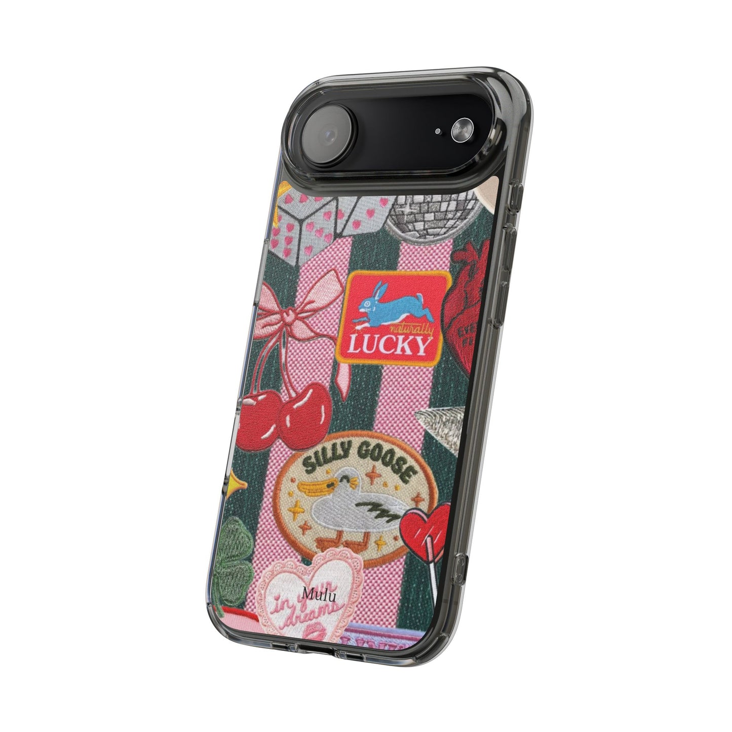Clear Impact-Resistant Phone Case — Retro Patchwork Stickers (Lucky, Cherries, Silly Goose)