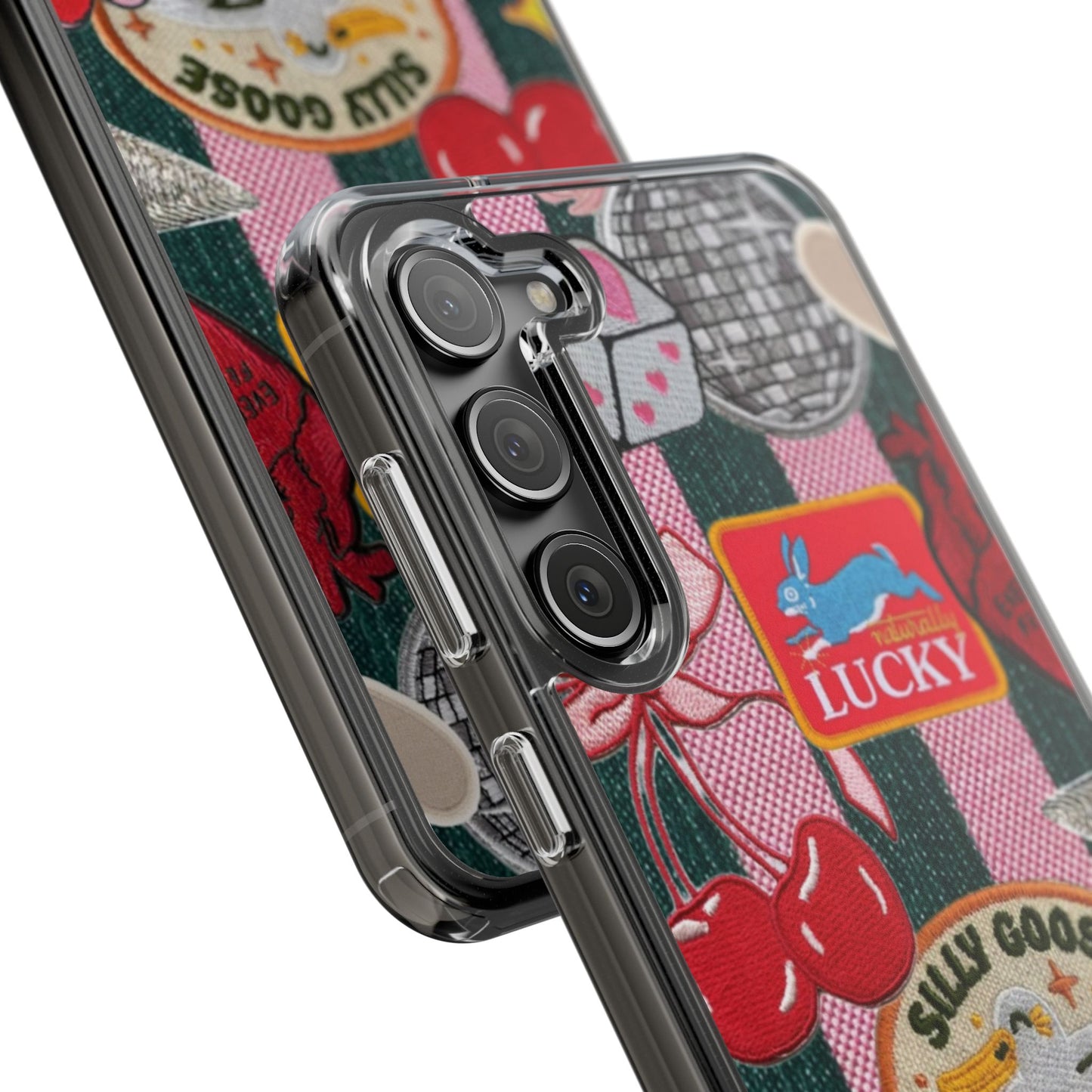 Clear Impact-Resistant Phone Case — Retro Patchwork Stickers (Lucky, Cherries, Silly Goose)